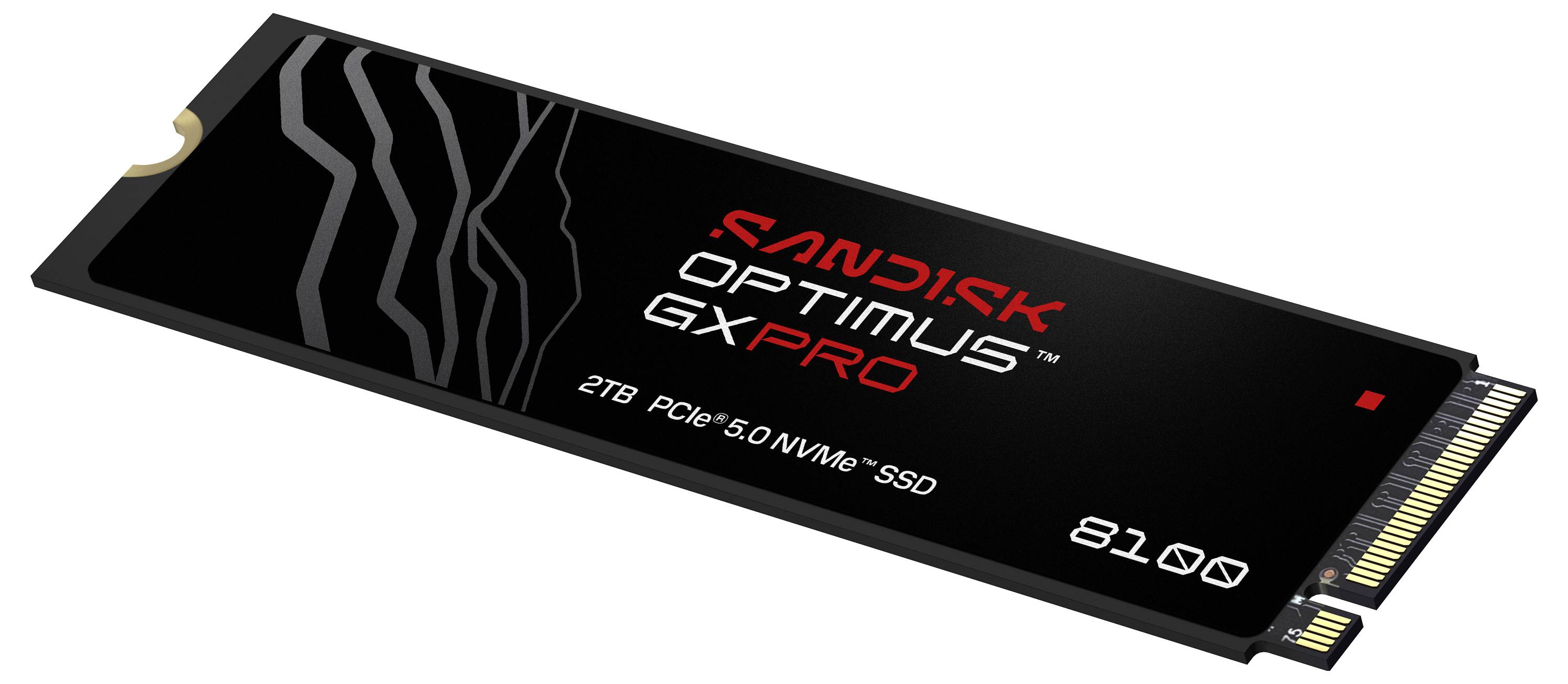 SanDisk Optimus GX Pro 2TB PCIe 5.0 NVMe SSD zeigt eine Solid-State-Drive mit schwarzem Gehäuse und rotem Branding.