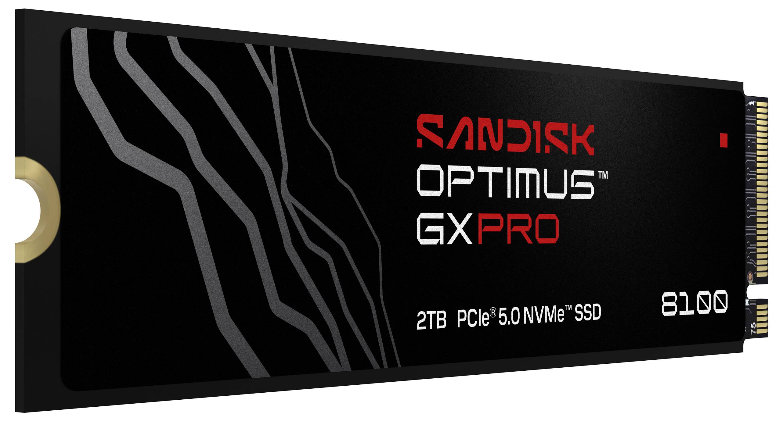 Solid-State-Drive mit der Bezeichnung SanDisk Optimus GX Pro, 2TB, PCIe 5.0 NVMe SSD, mit abstraktem Design auf der Oberfläche.