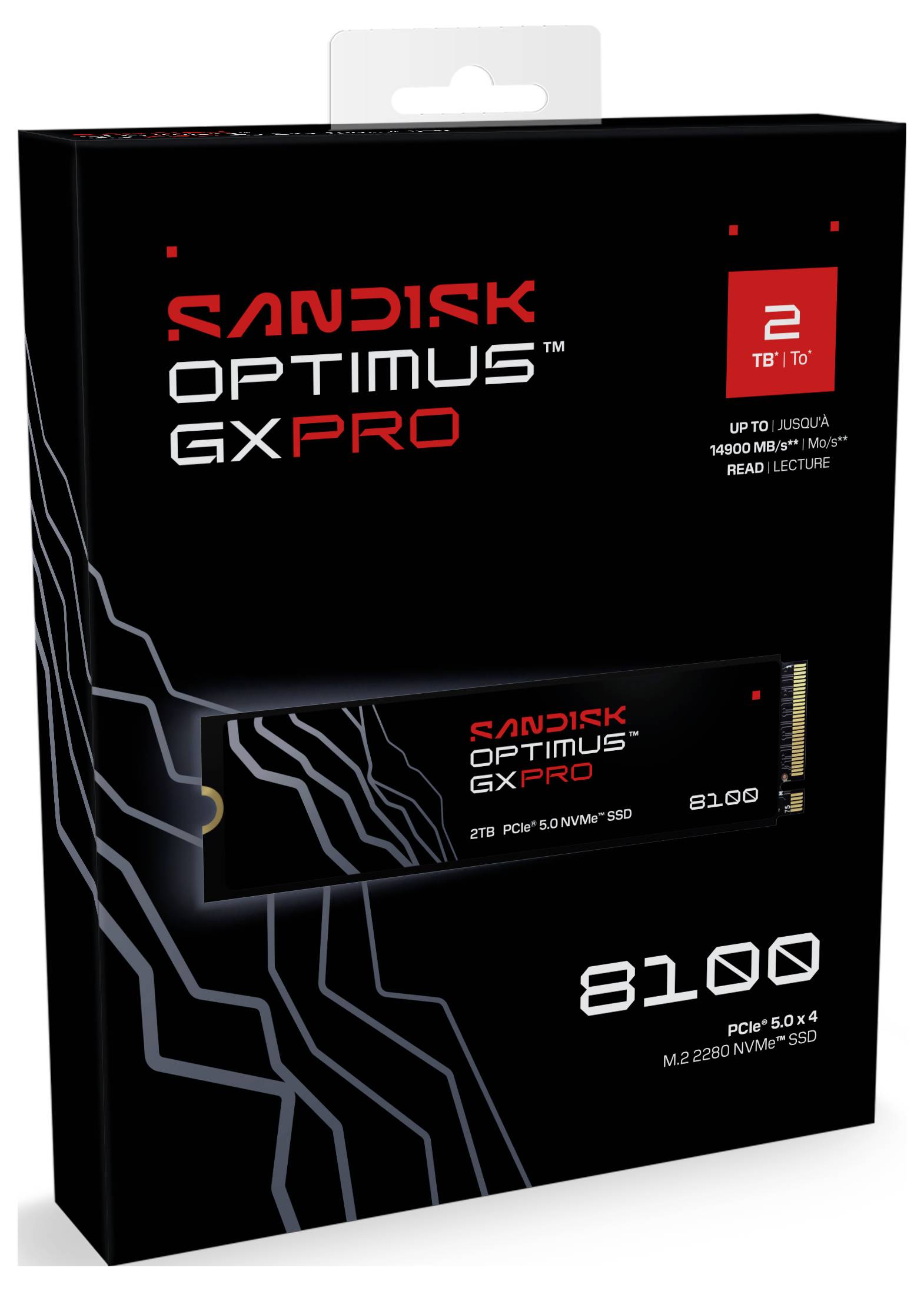 Verpackung für eine 'SanDisk Optimus GX Pro' 2TB SSD mit PCIe 5.0 x4, M.2 2280 NVMe-Schnittstelle und Lesegeschwindigkeiten von bis zu 10000MB/s.