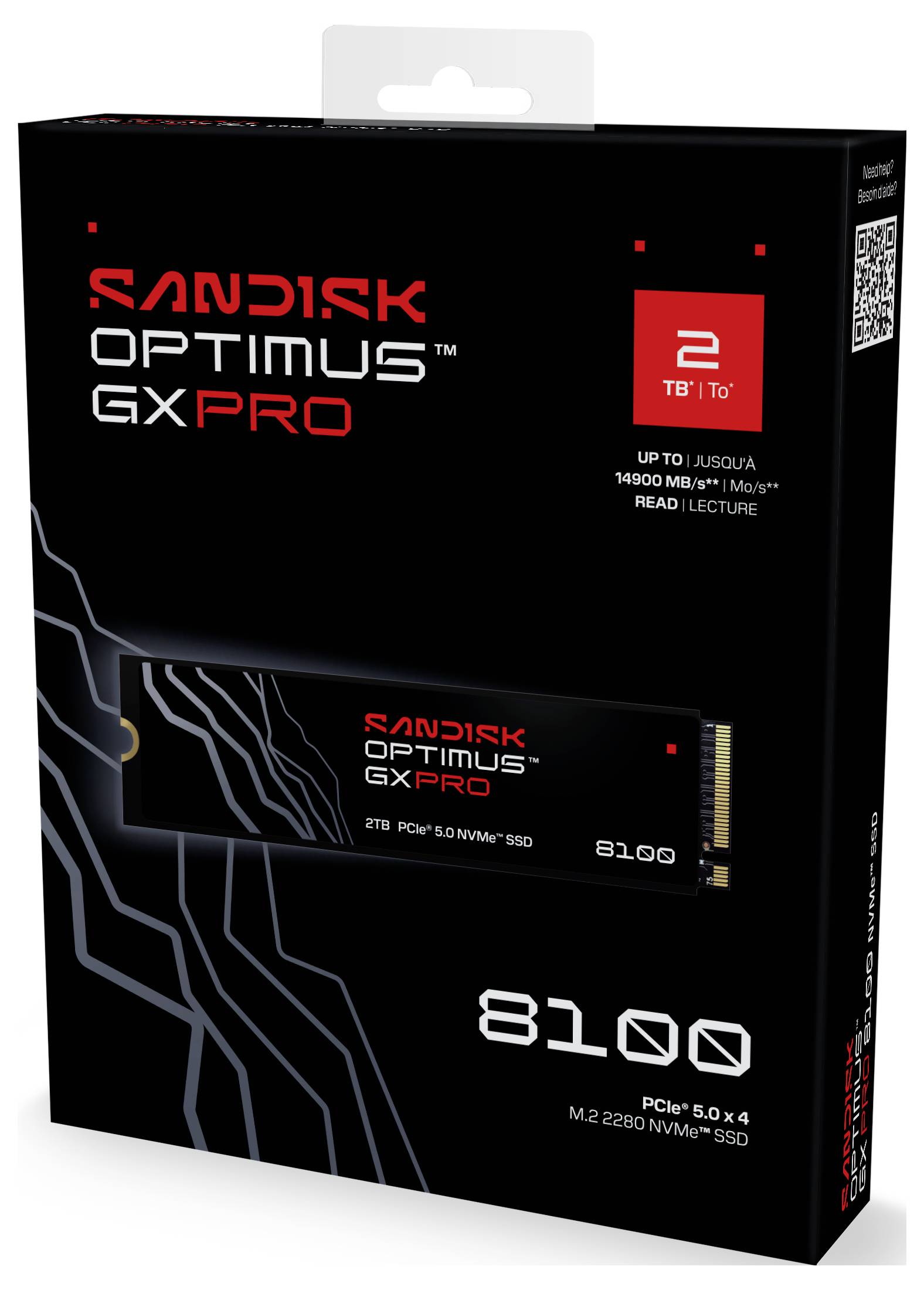 SanDisk Optimus GX Pro 8100, 2TB PCIe 5.0 NVMe SSD-Paket, hebt die Speichergröße, Geschwindigkeit von bis zu 14.000 MB/s und die Technologie hervor.