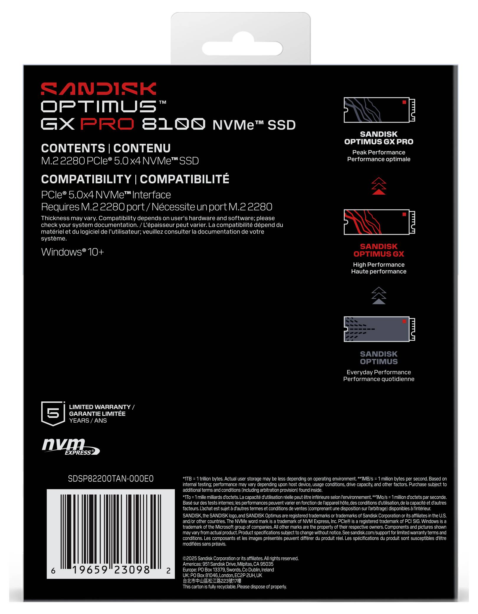 Rückseite der SanDisk Optimus GX Pro 8300 NVMe SSD-Verpackung, auf der Produktinformationen, Kompatibilität, Garantiedetails und Systemanforderungen angezeigt werden.