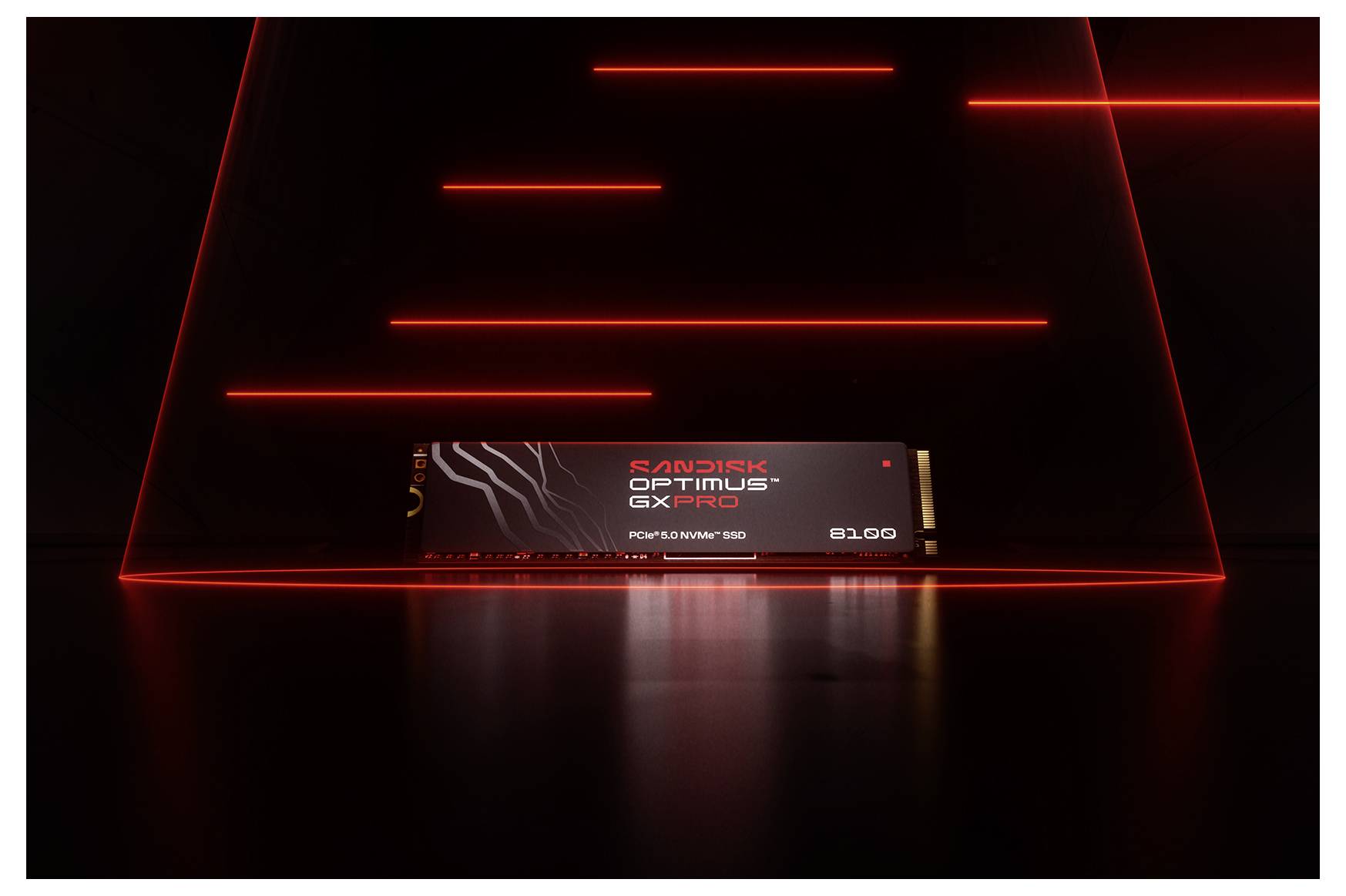 Ein stilisiertes Bild einer SanDisk Optimus QLC PCIe SSD mit roten Neonlinien, die das futuristische und Hochgeschwindigkeits-Design des Produkts hervorheben.