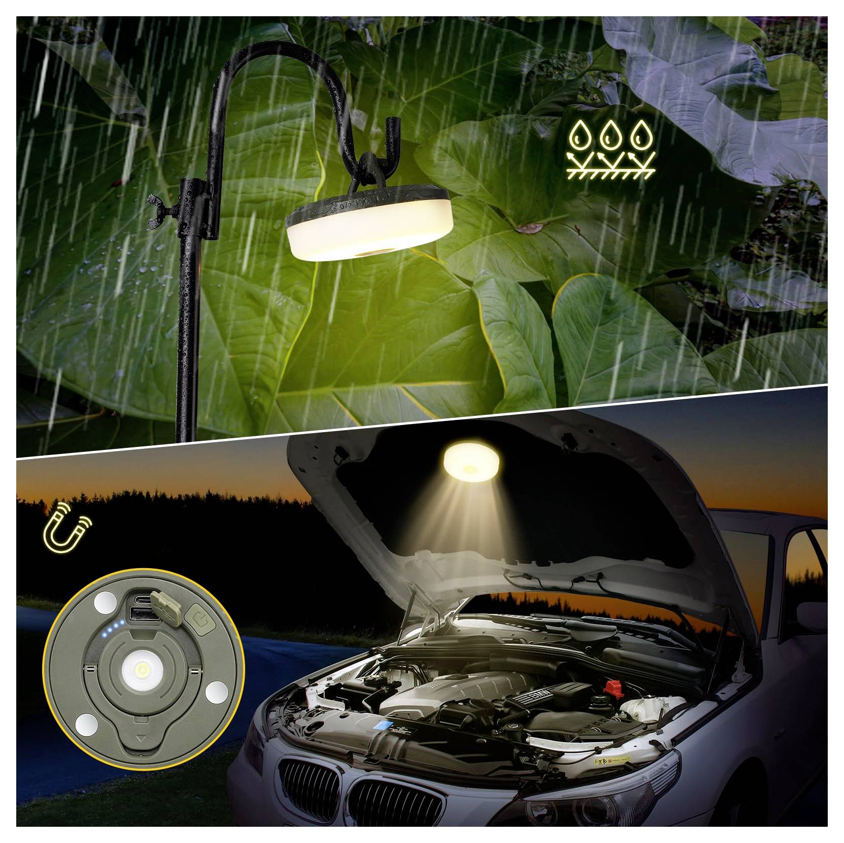 Zwei Außenlicht-Szenarien: eine Gartenleuchte im Regen mit Wasserschutz-Symbol oben und ein Unterboden-Autolicht auf einer Straße in der Dämmerung.