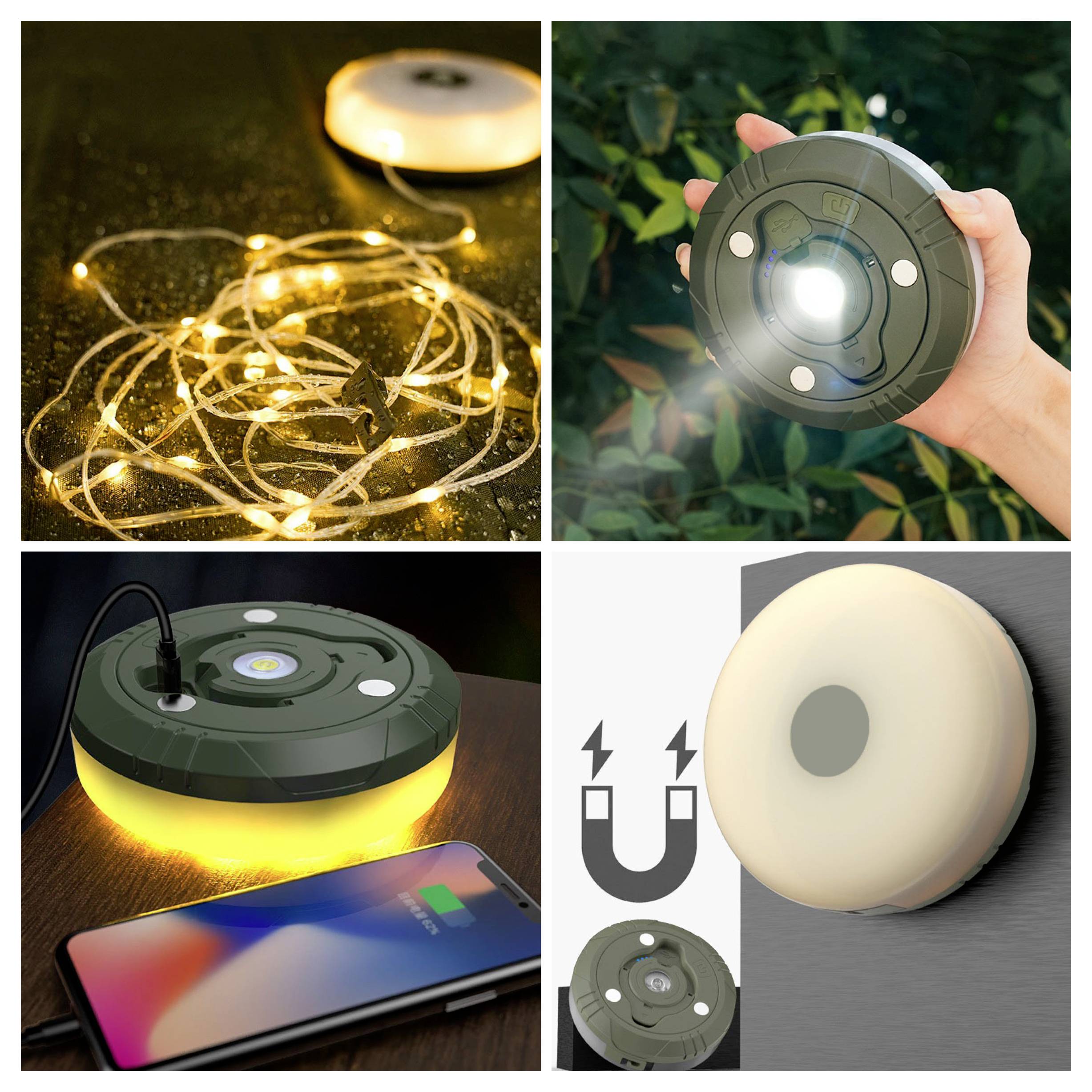 Tragbare LED-Lichtscheibe; oben links: Lichterkette; oben rechts: Scheibe in der Hand; unten links: Telefon wird aufgeladen; unten rechts: Scheibe mit Magnetsymbol.