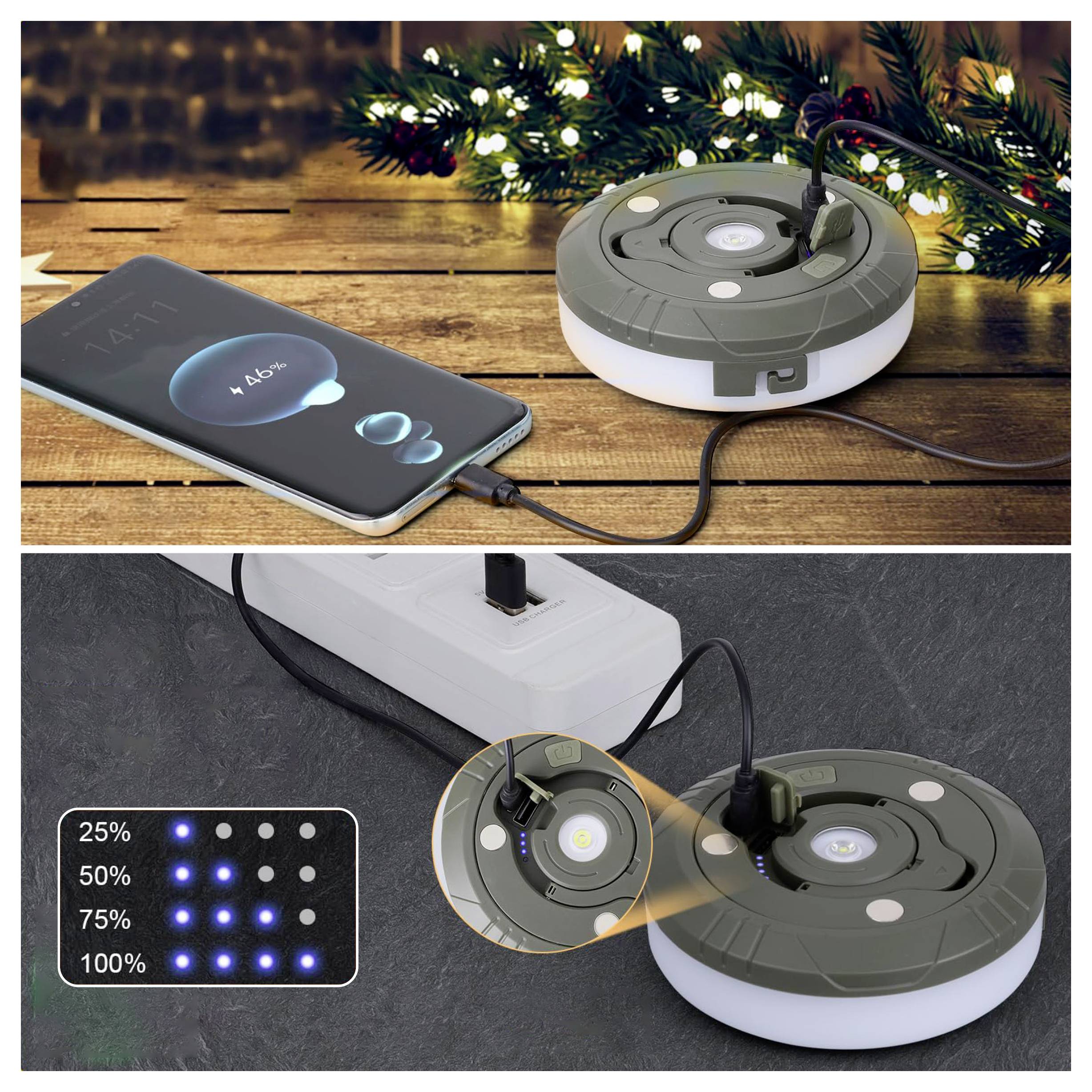Telefonladung über LED-Campinglampe, angeschlossen an eine Steckdosenleiste. Display zeigt Batterieladestände bei 25%, 50%, 75% und 100%.
