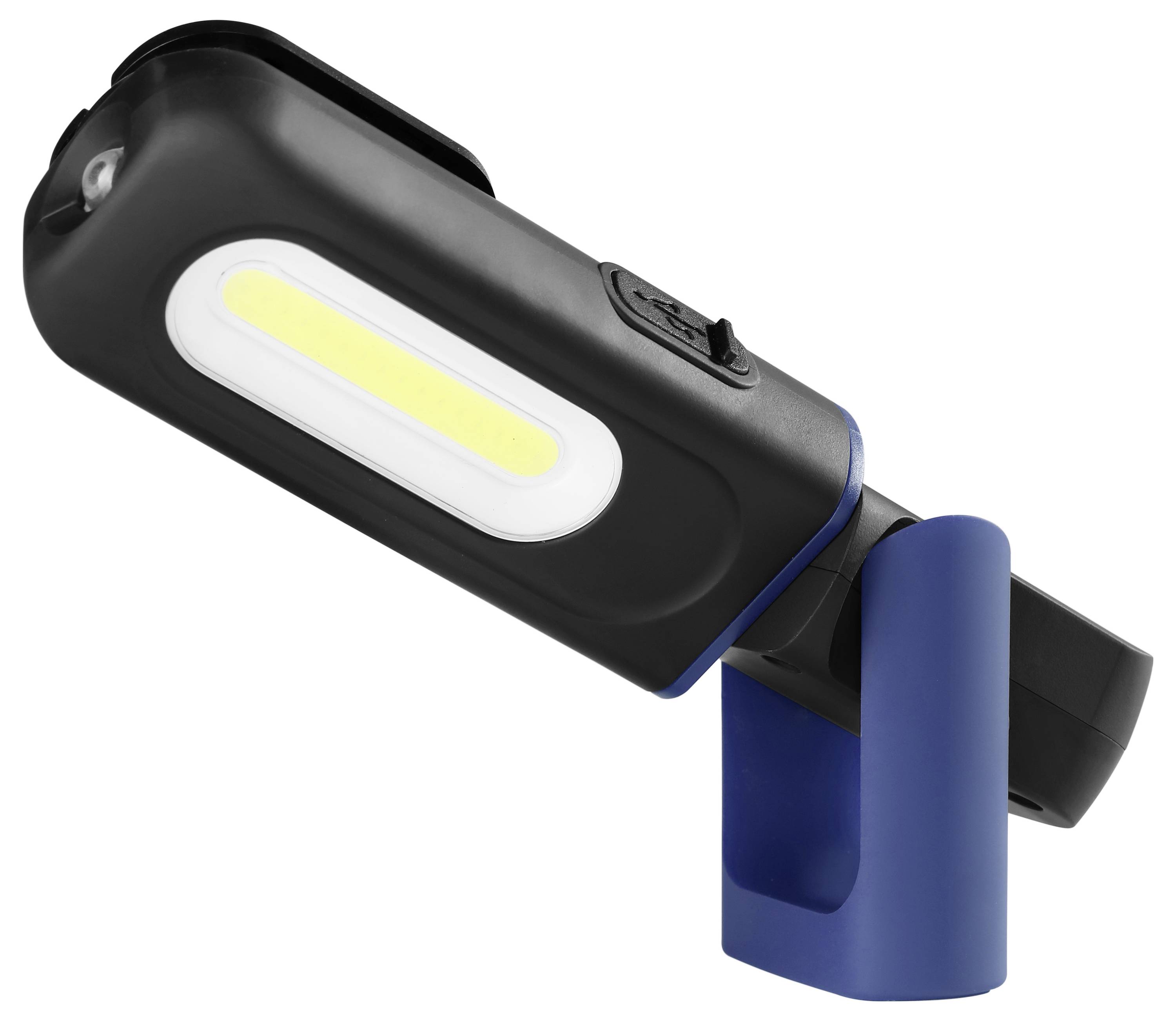 Eine schwarz-blaue tragbare Taschenlampe mit Ständer, ausgestattet mit einem hellen LED-Streifen und einem drehbaren Kopf für verstellbare Beleuchtungswinkel.