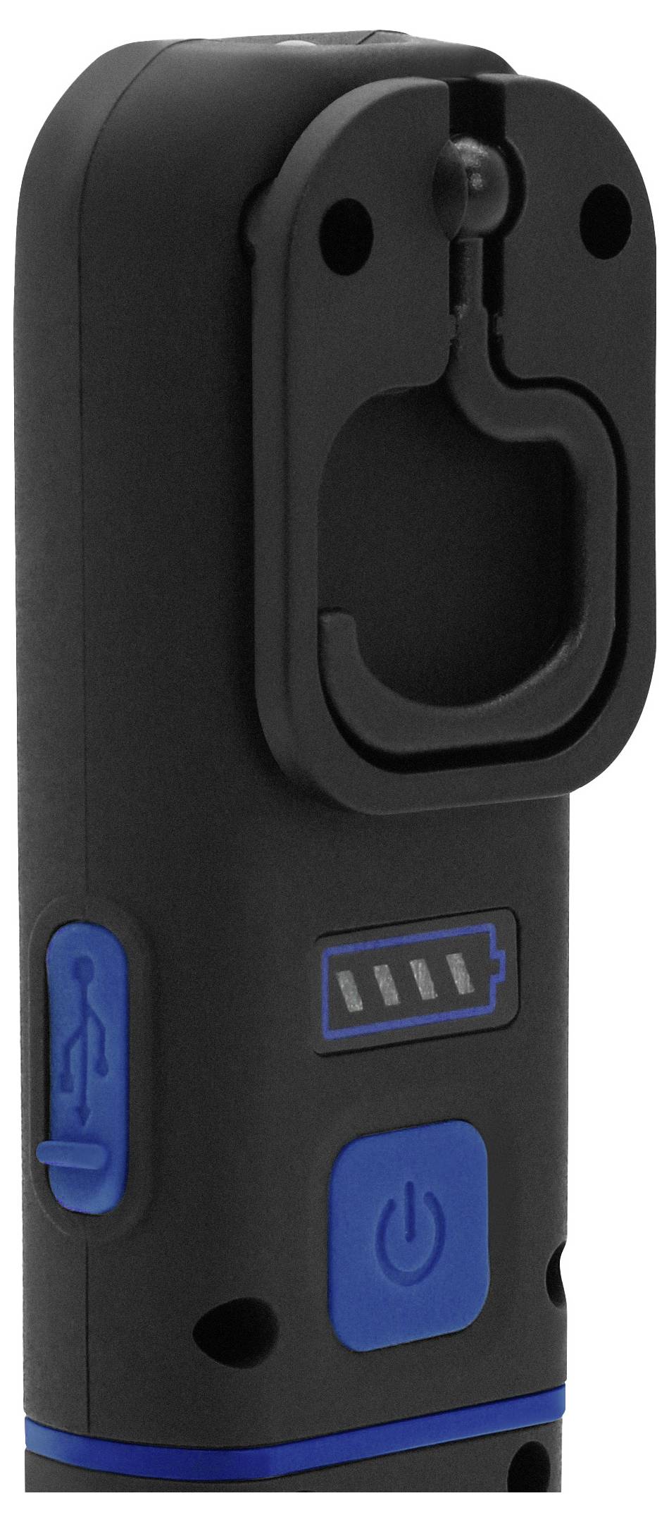 Ein schwarzes und blaues tragbares Gerät mit einem Stromschalter, Ladeanschluss und Batteriestatusanzeige, das zur Inspektion oder Beleuchtung verwendet wird.