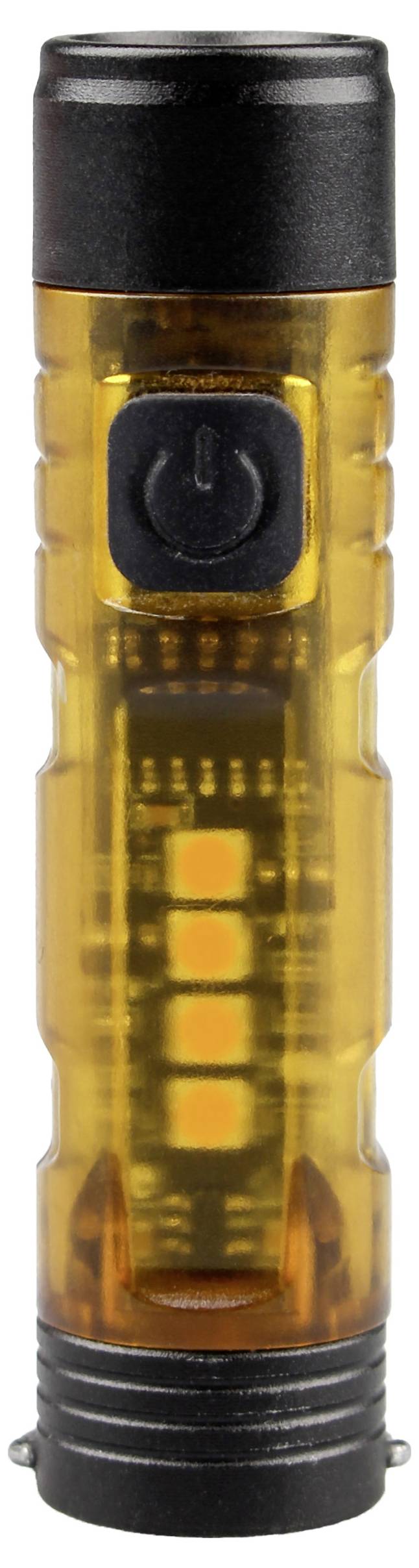 Eine transparente gelbe Taschenlampe mit einem schwarzen Netzschalter an der Seite, die interne Komponenten zeigt.