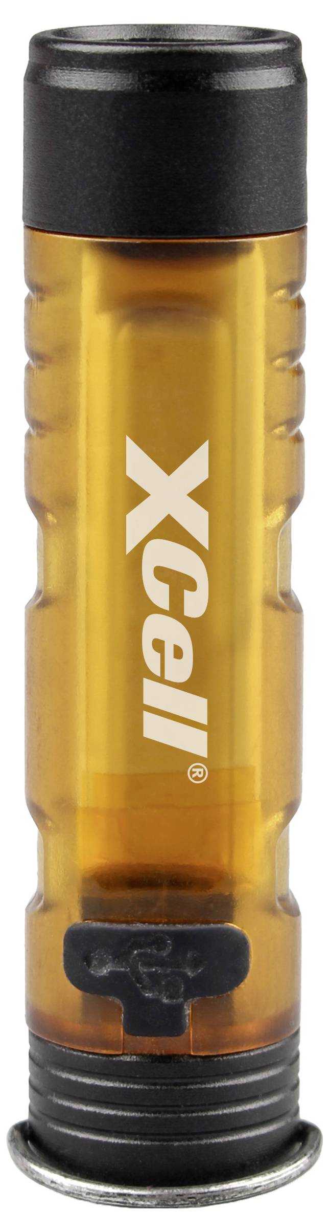 Eine transparente orangefarbene Batterie mit der Aufschrift „XCell