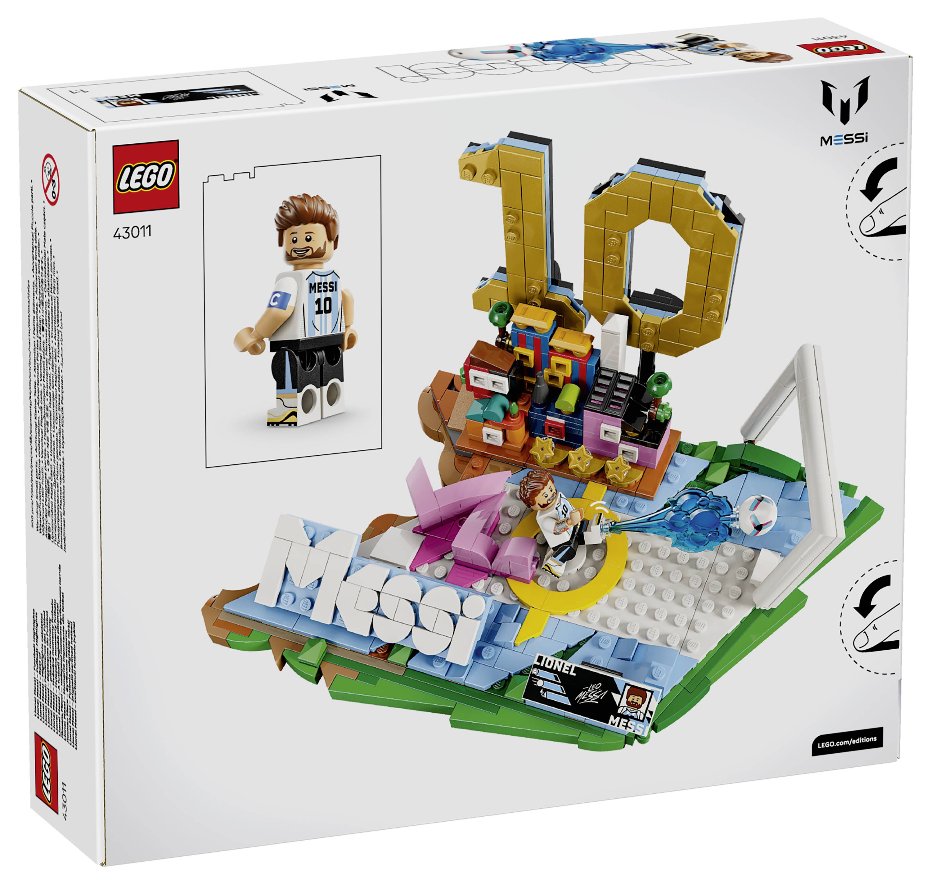 LEGO Messi Set Box mit einer Lionel Messi Minifigur und einer farbenfrohen fußballthematischen Anzeige mit goldener '10' auf einer Platzbase.