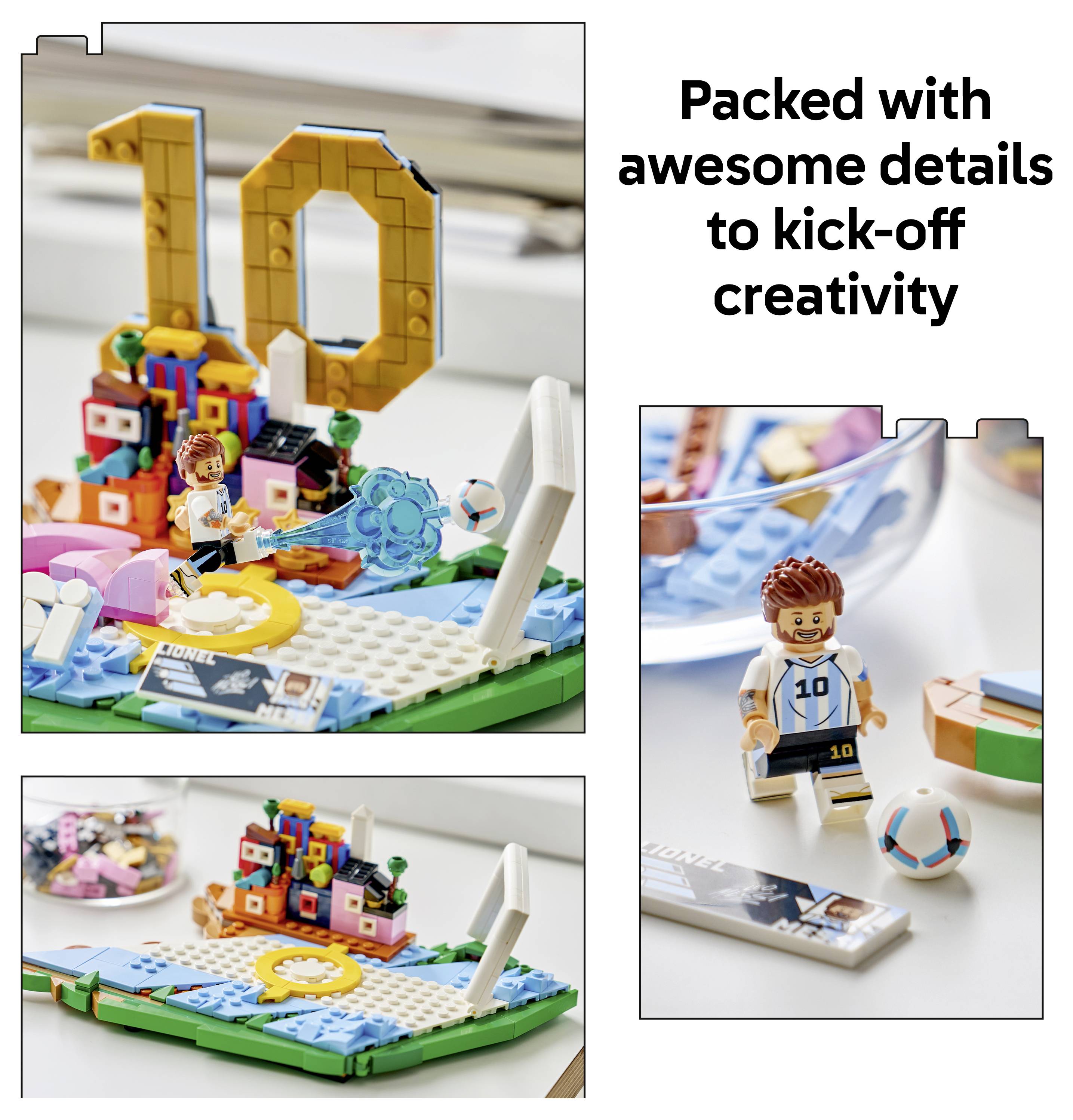 Werbekollagen eines farbenfrohen LEGO-Spielsets mit Minifiguren und einer großen „10
