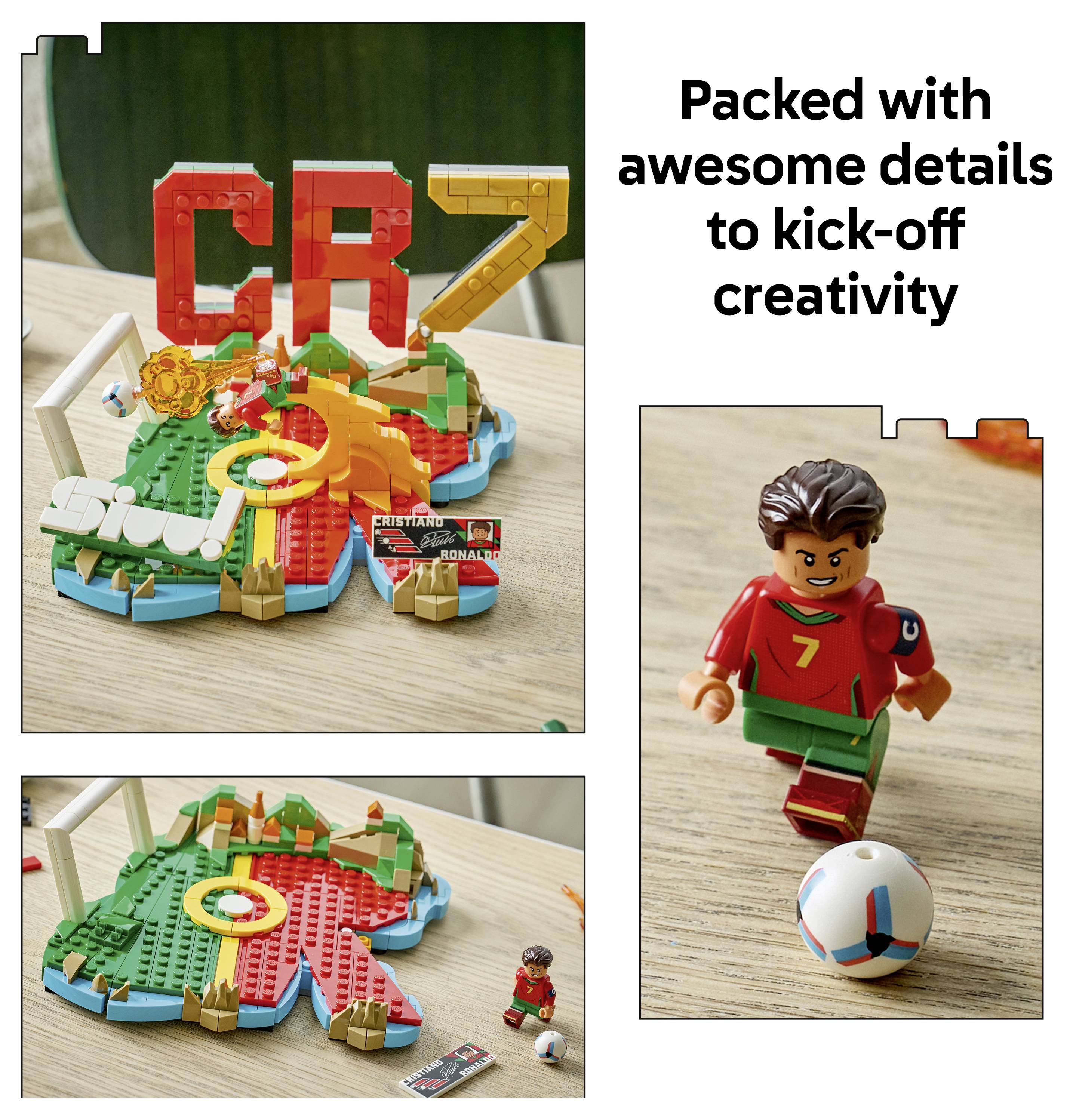 Werbebild eines LEGO-ähnlichen Fußball-Sets mit einer farbenfrohen „CR7