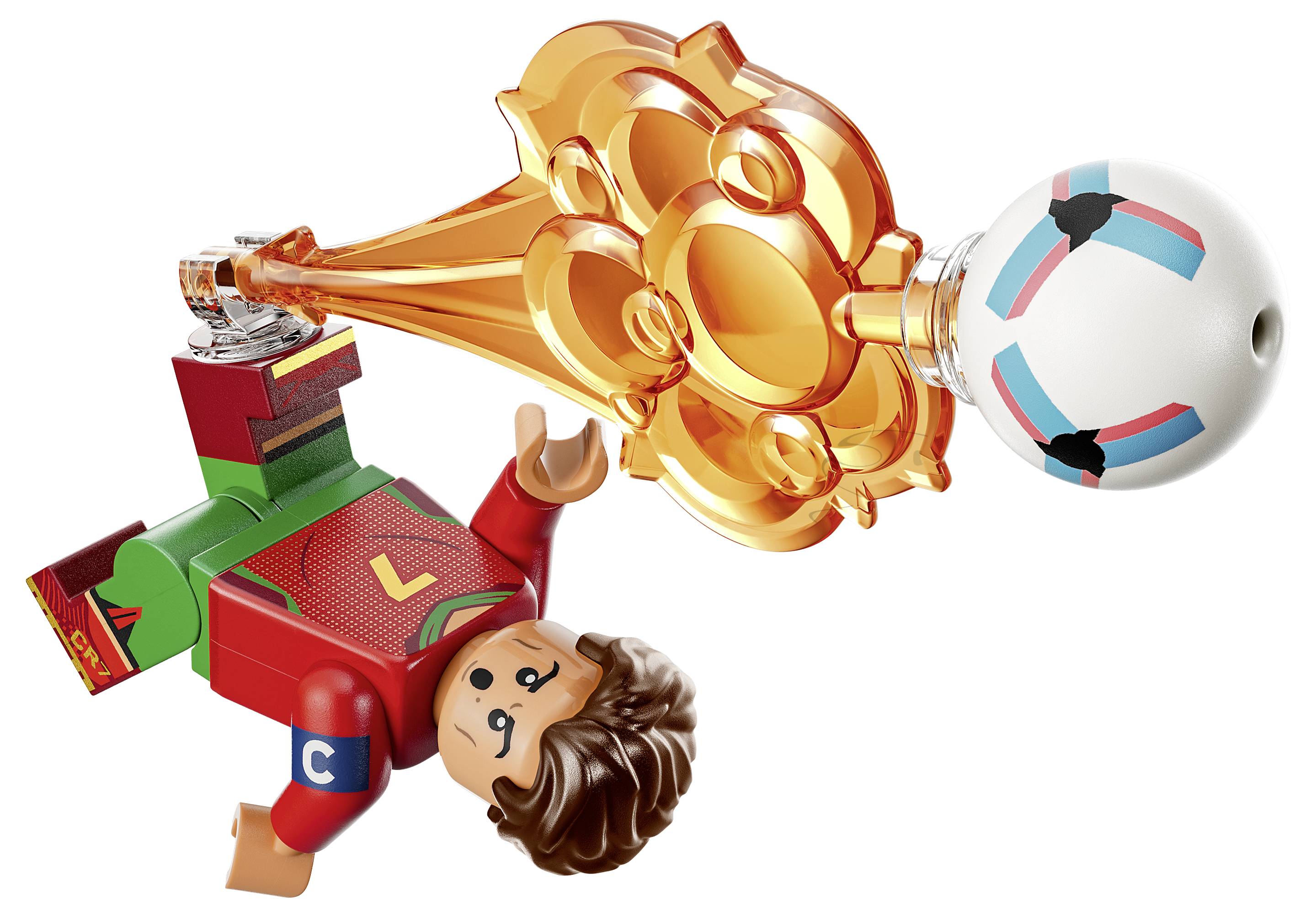 LEGO-Minifigur wird von einem orangefarbenen Energiestrahl aus einem weißen Ball rückwärts weggetreten, dargestellt in einer Spielzeug-Actionszene.