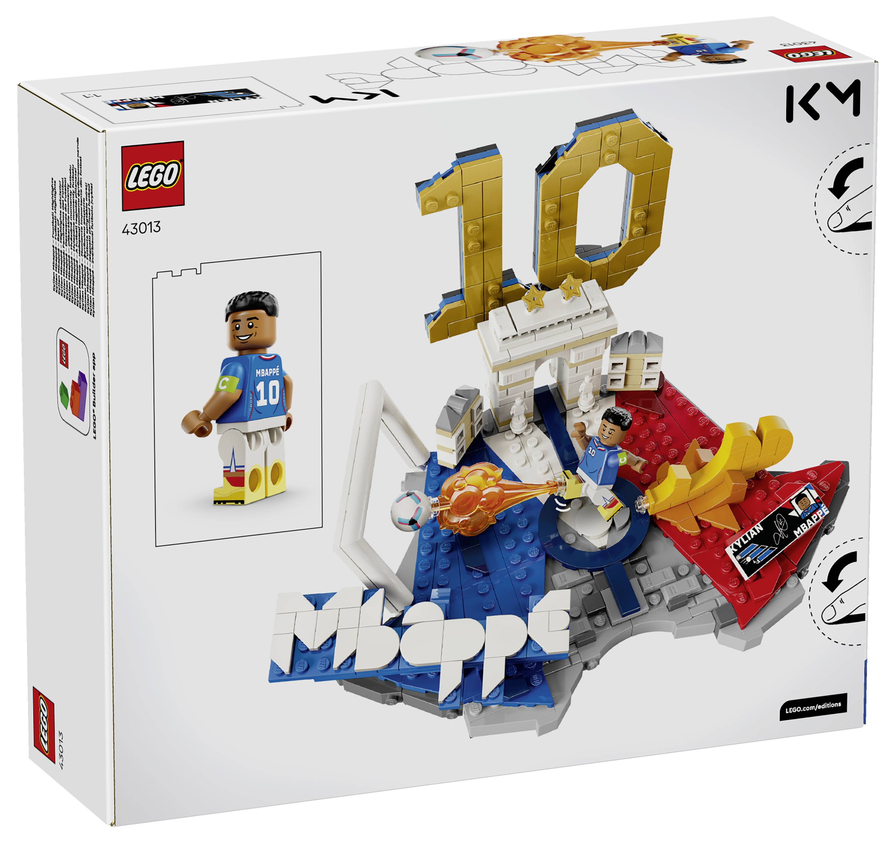 LEGO 43013 '10' Minifiguren-Anzeigekasten, auf der Vorderseite ein Fußballspieler-Minifigur und eine bunte Szene zeigend.
