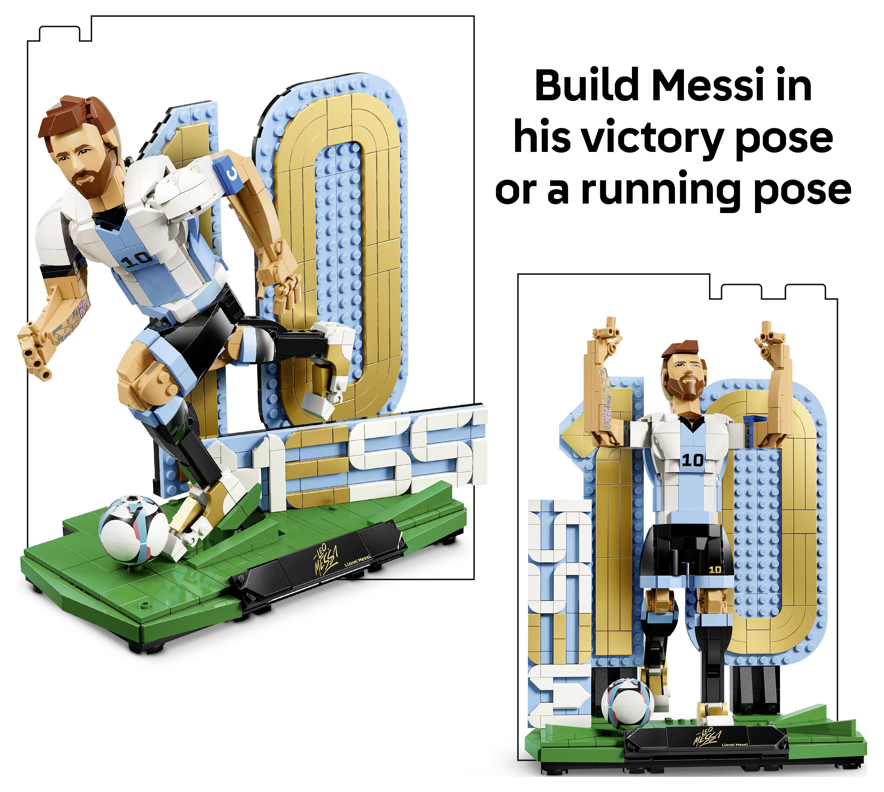 Werbebild zeigt eine LEGO-ähnliche Messi-Figur in zwei Bauposen: Laufen mit einem Ball und Siegespose, mit dem Text „Baue Messi in seiner Siegespose oder einer Laufpose