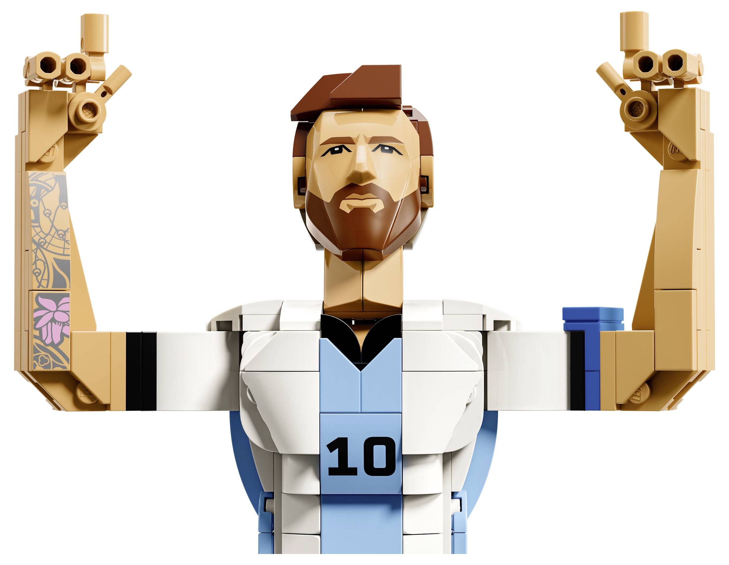 Lego-ähnlicher männlicher Athlet in einem weiß-hellblauen Trikot mit der Nummer 10, der beide Arme jubelnd in die Höhe hebt.
