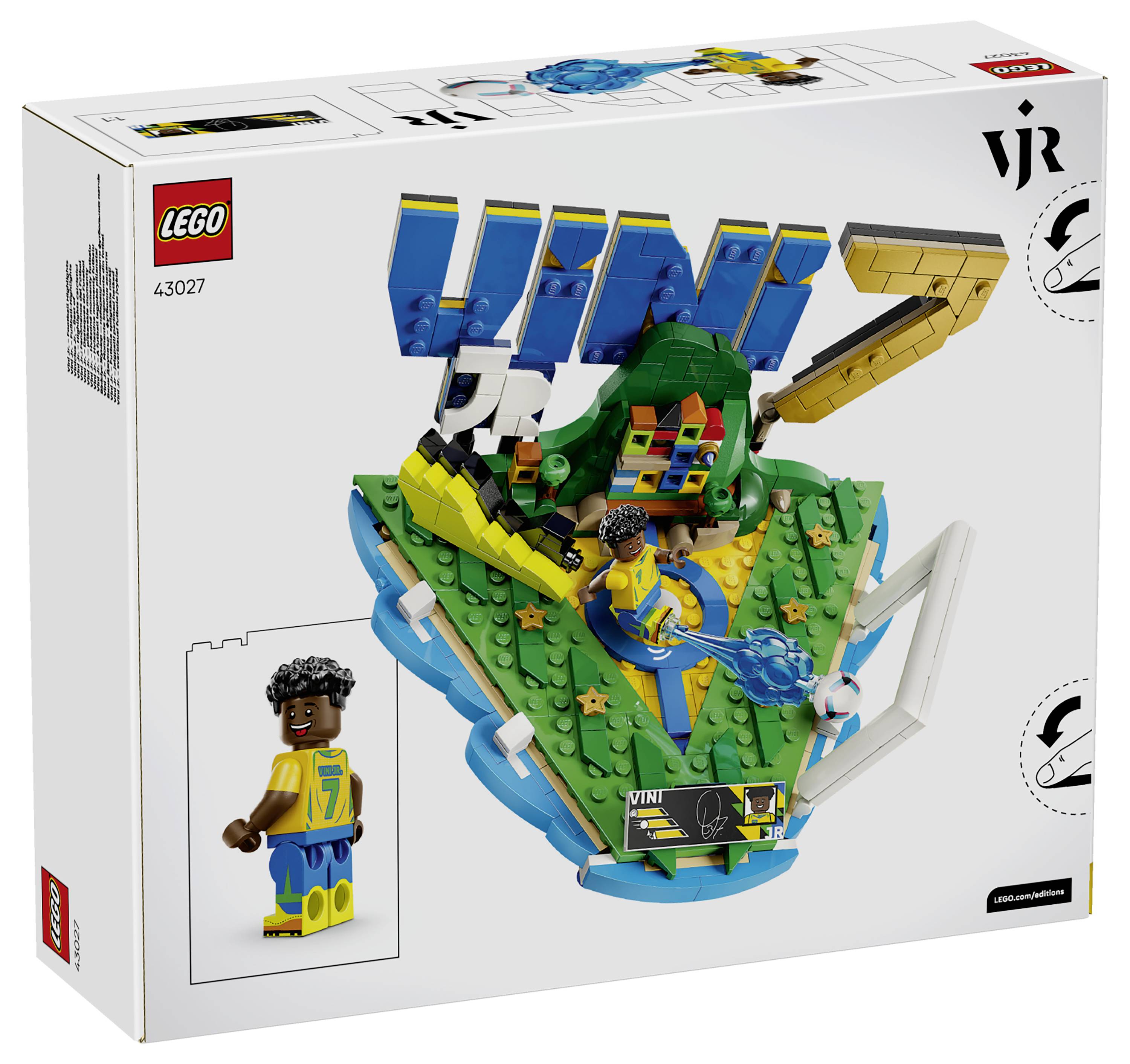 LEGO VINI JR 43027 Schachtel zeigt einen fußballthematischen Baukasten mit einer Spieler-Minifigur auf einer farbenfrohen Feldanzeige.