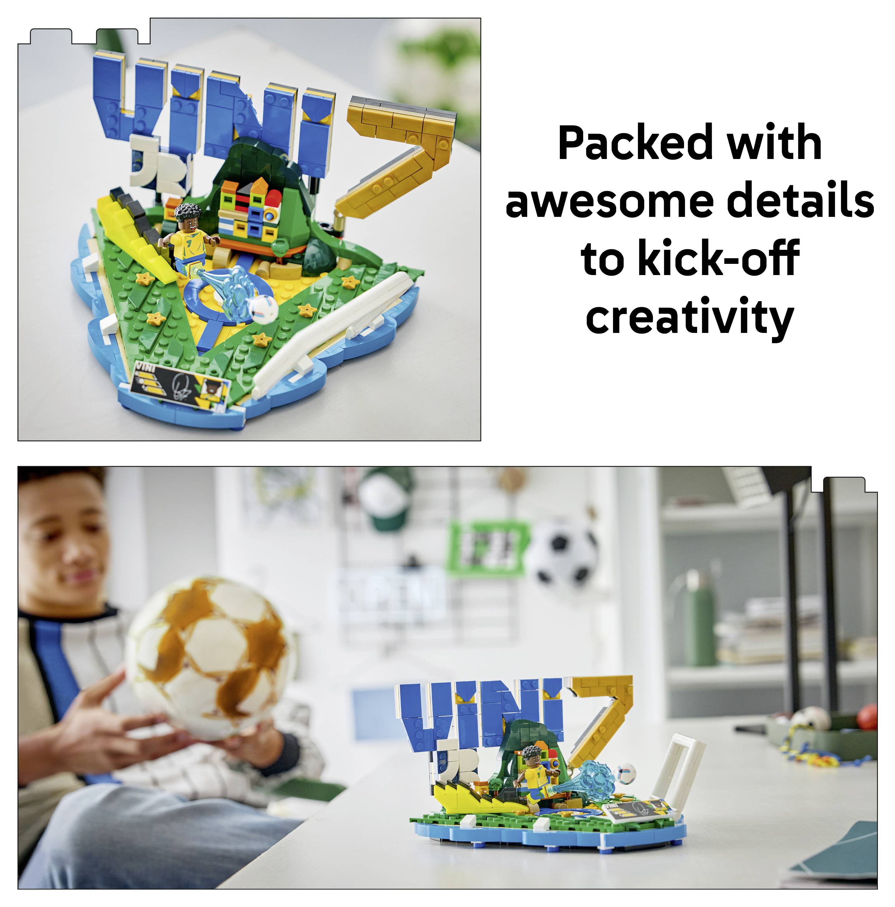 LEGO-Fußballset mit dem Text „Vollgepackt mit fantastischen Details zum Anstarten der Kreativität