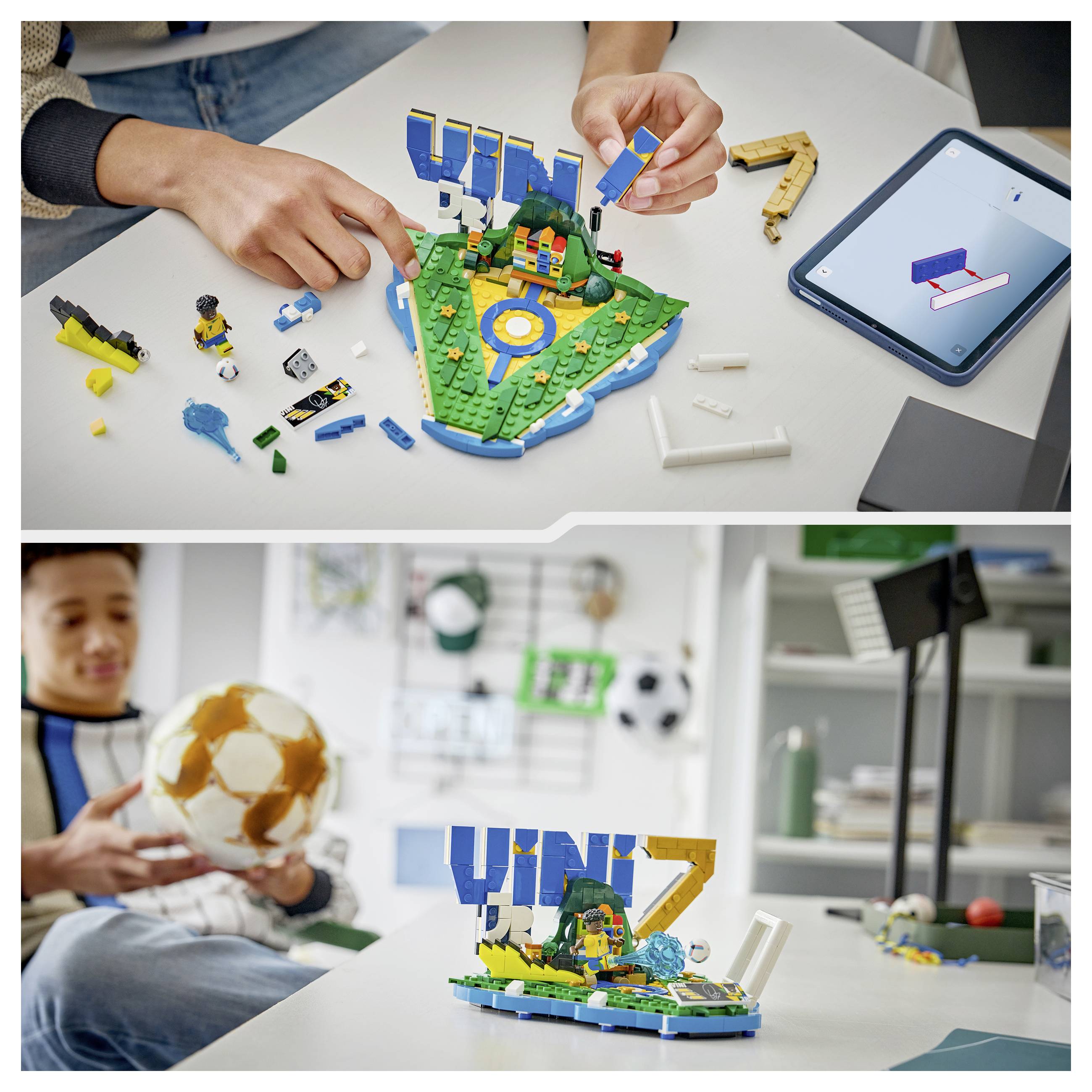 Person, die ein LEGO-Modell auf einem Tisch zusammensetzt, mit einer fertigen Figur in der Nähe und einem Telefon, das die LEGO Builder-App zeigt; der Text besagt „Verwenden Sie die LEGO Builder-App oder gedruckte Anleitung