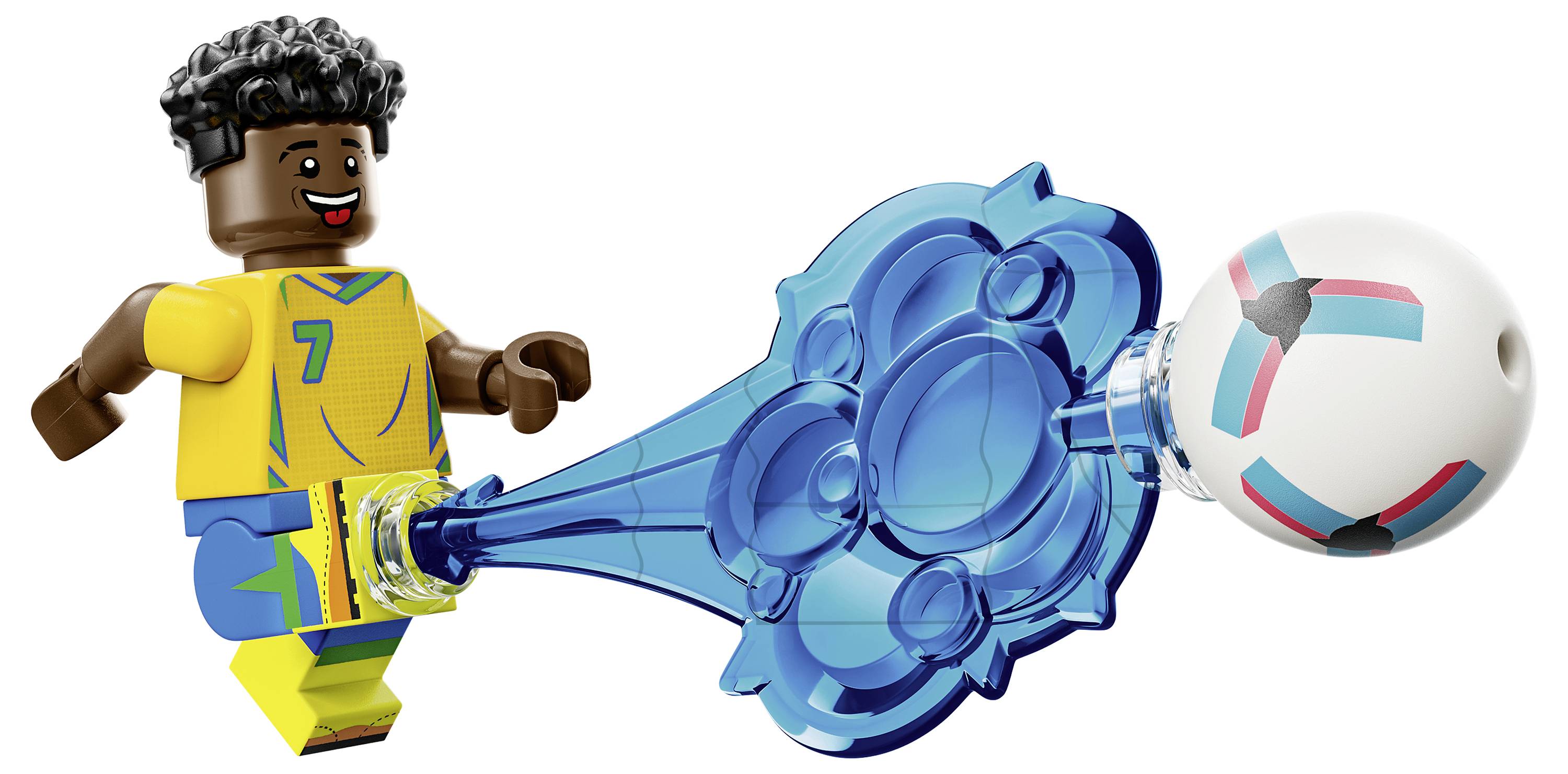 LEGO-artiger Fußballspieler in gelbem Trikot mit Nummer 7 schießt einen weißen Ball durch einen blauen wirbelnden Energieeffekt.