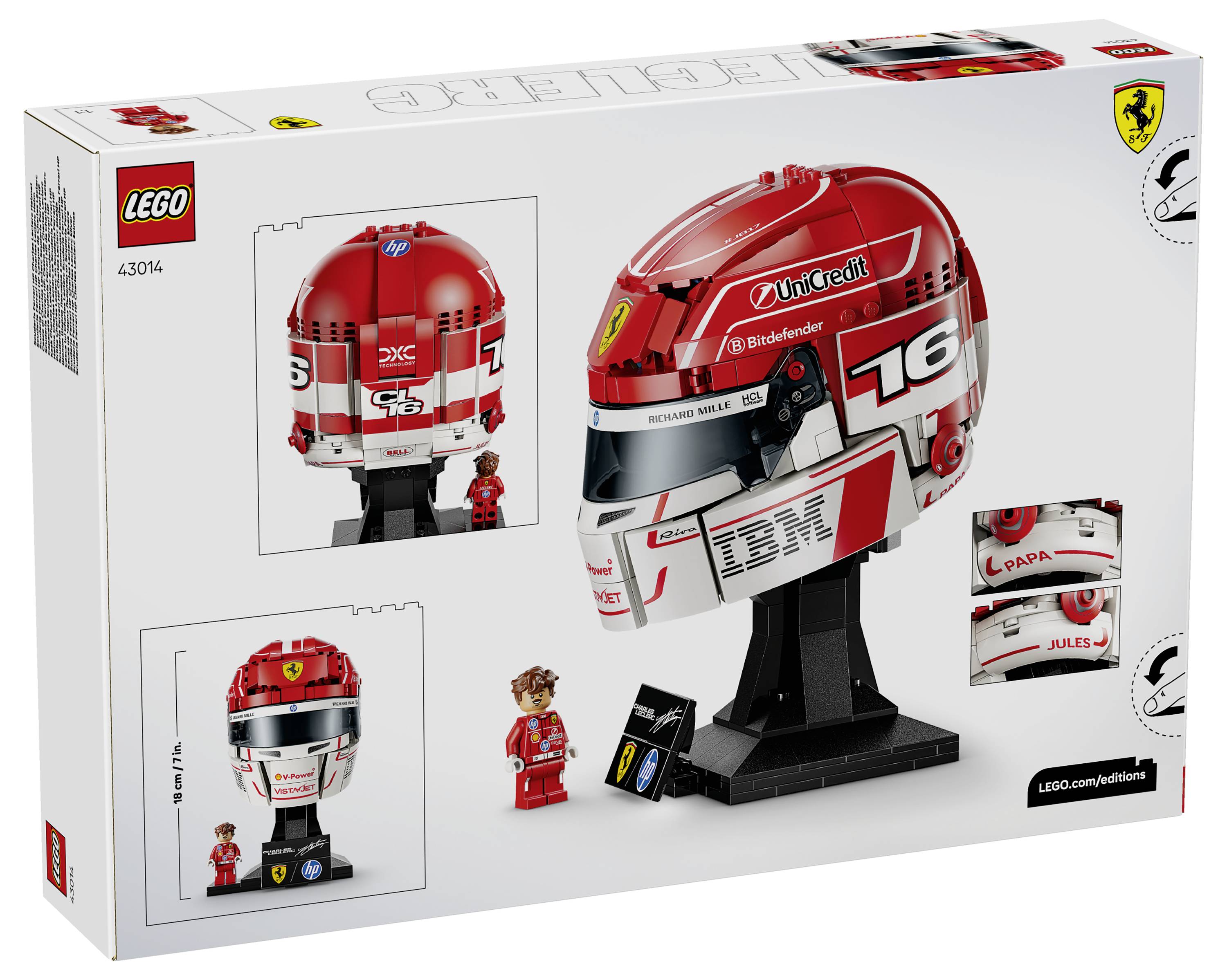 LEGO-Set-Karton mit einem roten und weißen Rennhelm auf einem Ständer, einer Minifigur und Markenlogos. Teil einer markenbezogenen Serie.