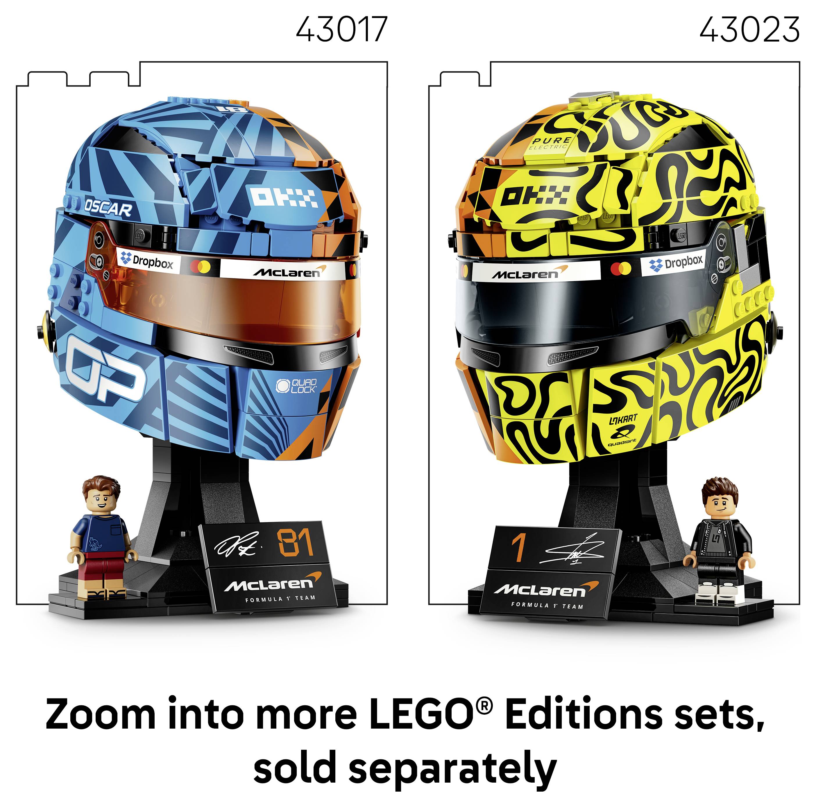Werbebild von zwei LEGO McLaren Formel-1-Helm-Ausstellungssätzen, nummeriert 43017 und 43023, mit Minifiguren und dem Text „Zoomen Sie in mehr LEGO® Editions-Sets ein, separat erhältlich