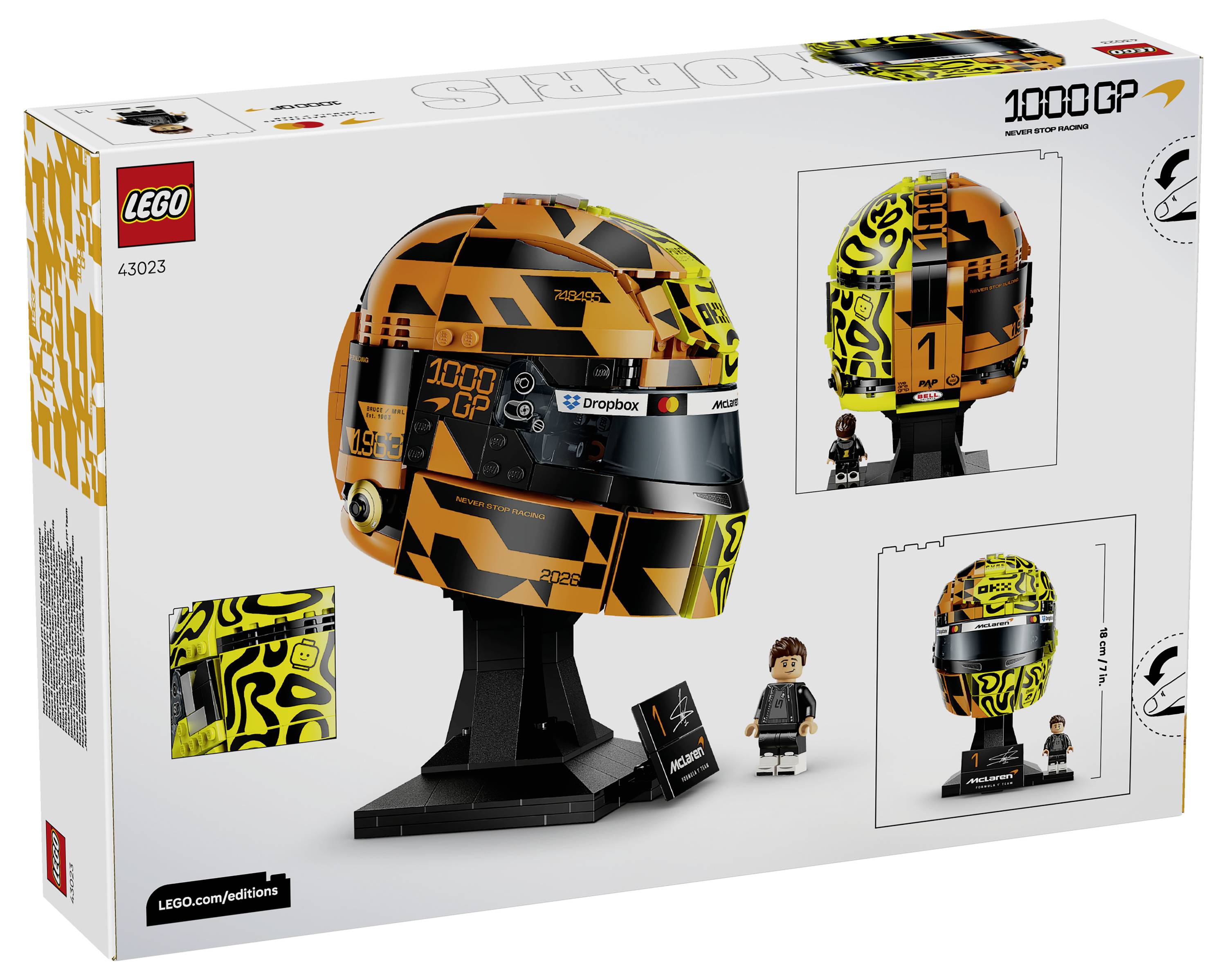 LEGO Speed Champions 1000GP Schachtel mit einem orange-schwarzen Rennhelm-Set auf einem Ständer, mit Minifigur und Alternativansichten auf der Verpackung.