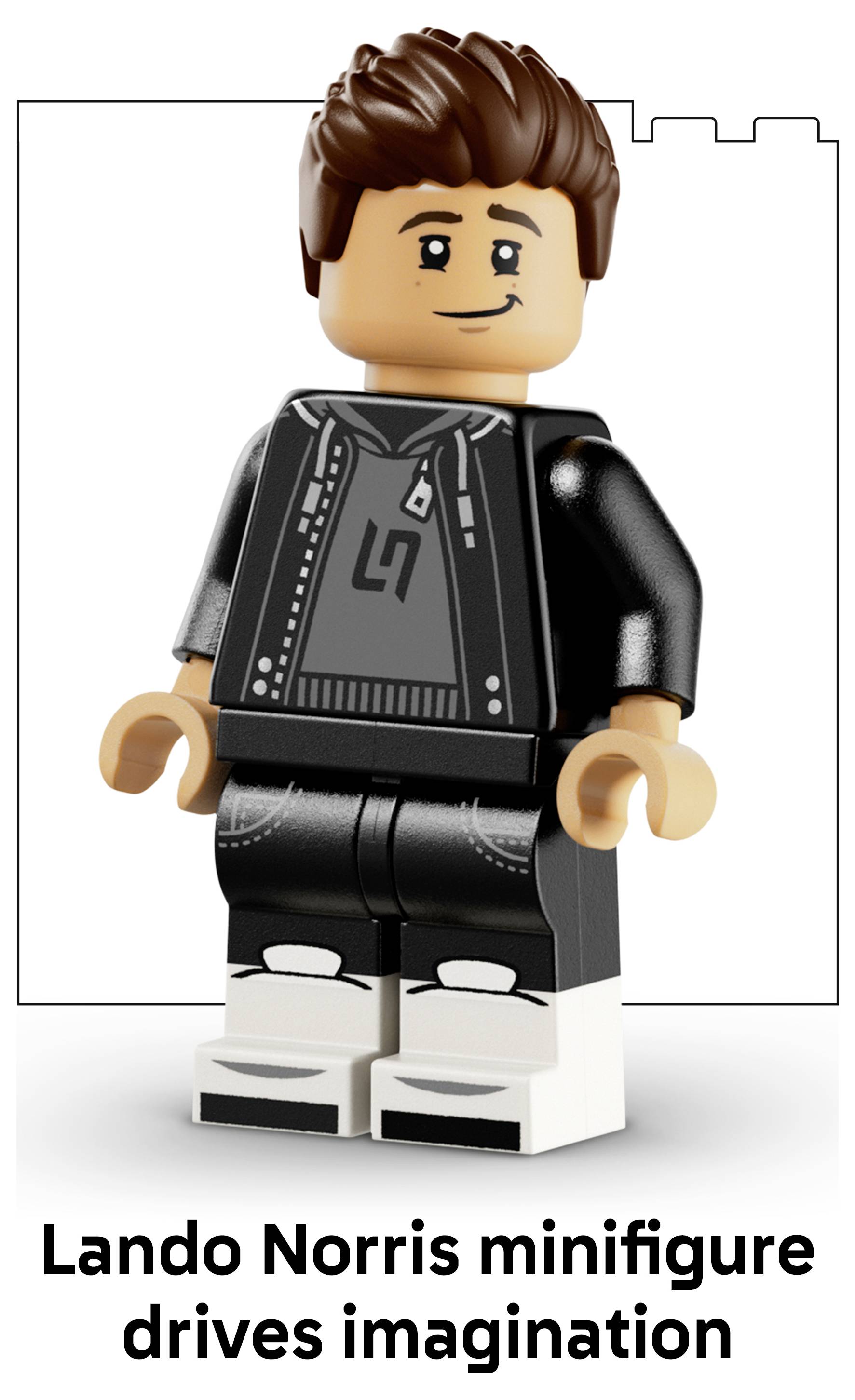 Lego-ähnliche Lando Norris Minifigur in schwarzer Jacke und Hose mit weißen Schuhen, gezeigt vor weißem Hintergrund mit der Bildunterschrift „Lando Norris Minifigur fährt Fantasie an