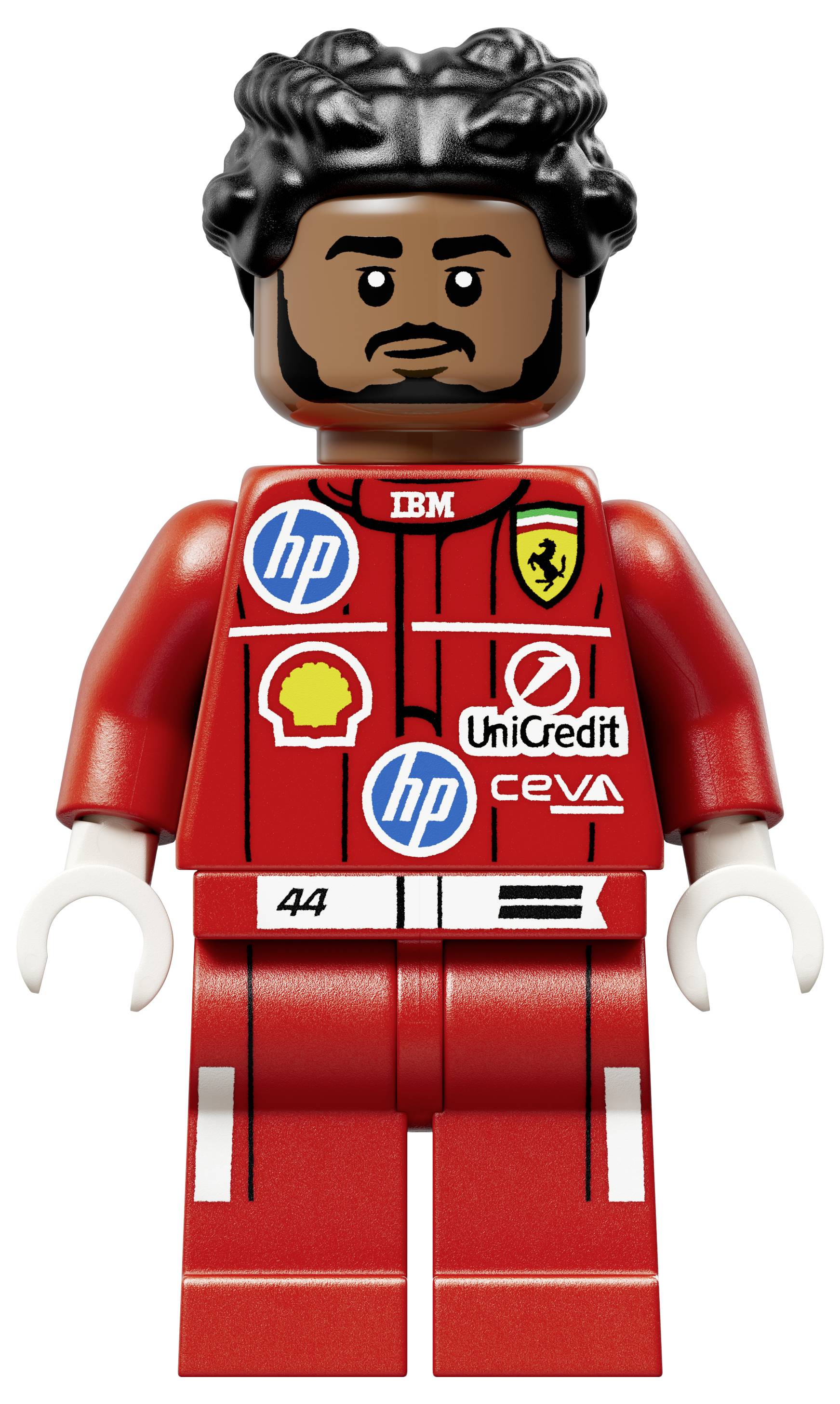 Eine LEGO-Minifigur in einem roten Rennanzug mit Sponsorenlogos, darunter 