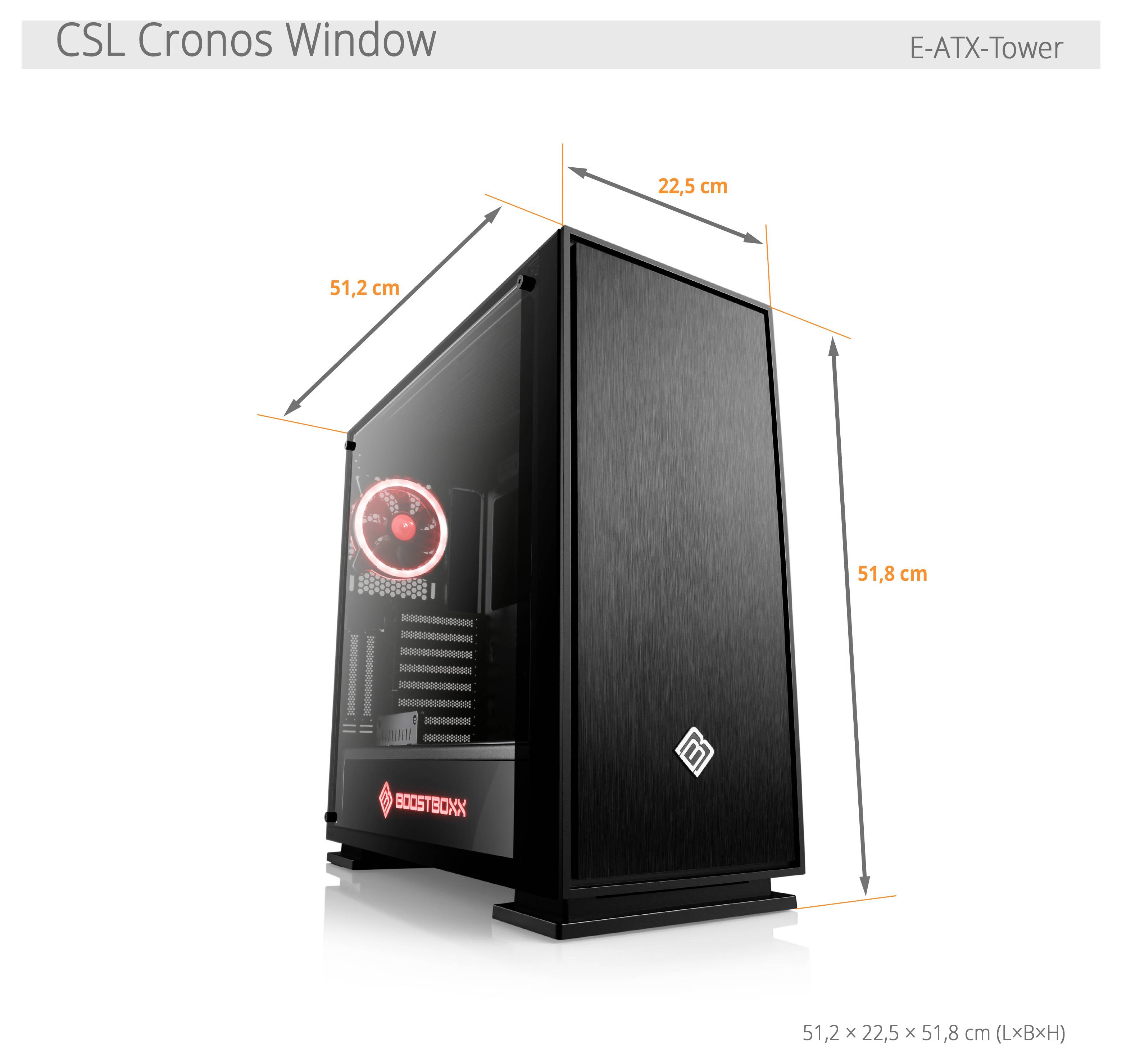 Ein schwarzes 'CSL Cronos Window' E-ATX Tower-PC-Gehäuse mit transparenter Seitenwand und roter Beleuchtung. Abmessungen: 22,5 cm (B) x 51,2 cm (T) x 51,8 cm (H).