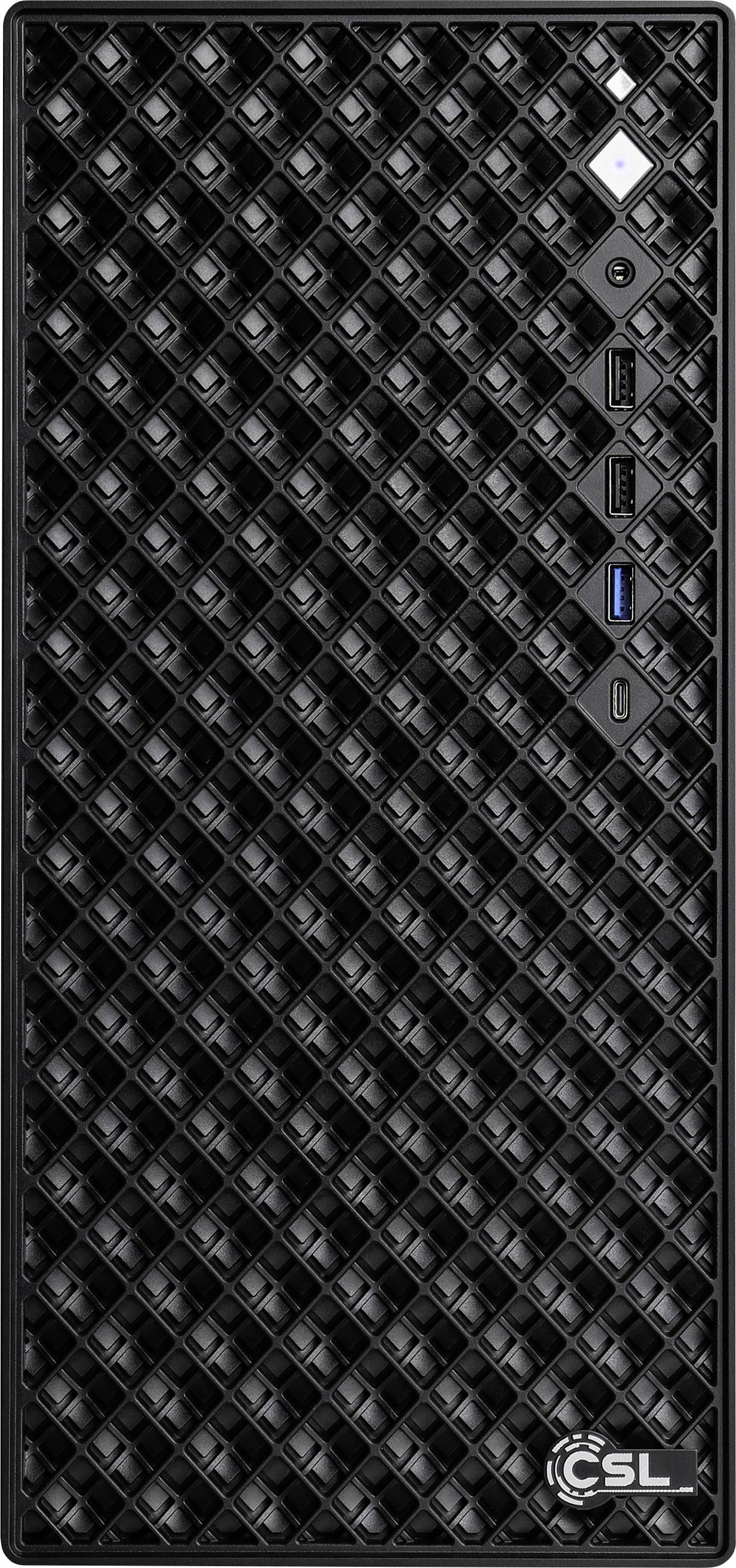 Ein schwarzer Desktop-Computer-Tower von CSL mit einem strukturierten Diamantmuster auf der Frontblende, mit mehreren Anschlüssen und einem Stromschalter.