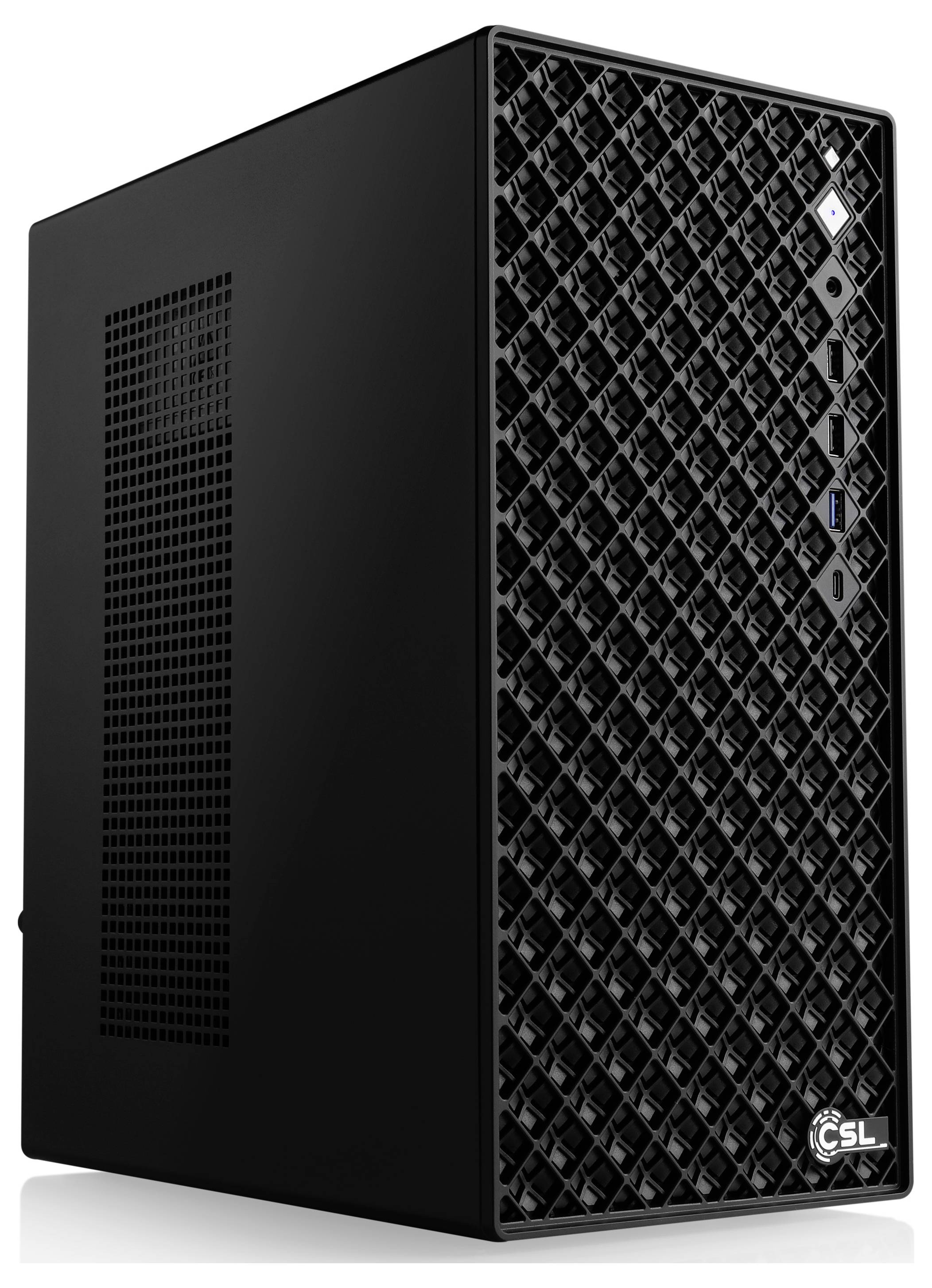 Ein schwarzer Computer-Tower mit einer rautengemusterten Frontplatte und mehreren Anschlüssen an der Seite.