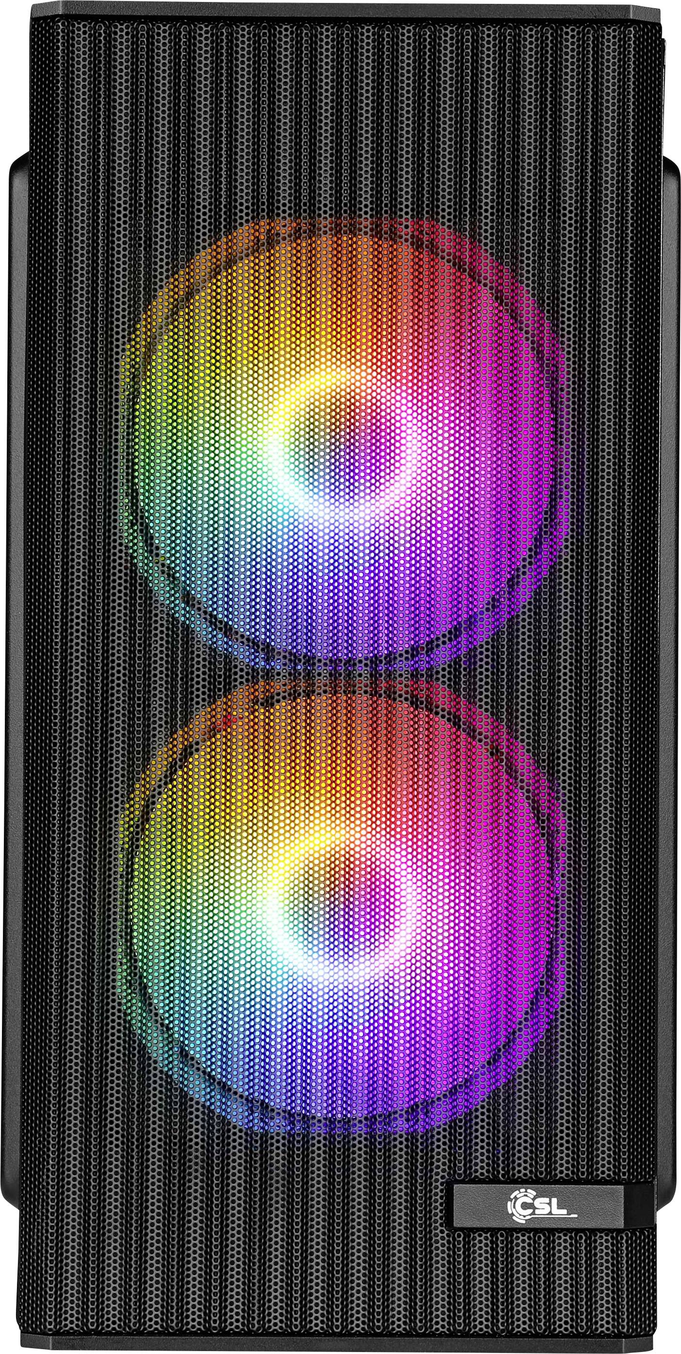 Ein Computergehäuse-Frontpanel mit zwei großen RGB-Lüftern, die in mehrfarbigen Mustern hinter einem Maschenrost leuchten und für Belüftung sorgen.