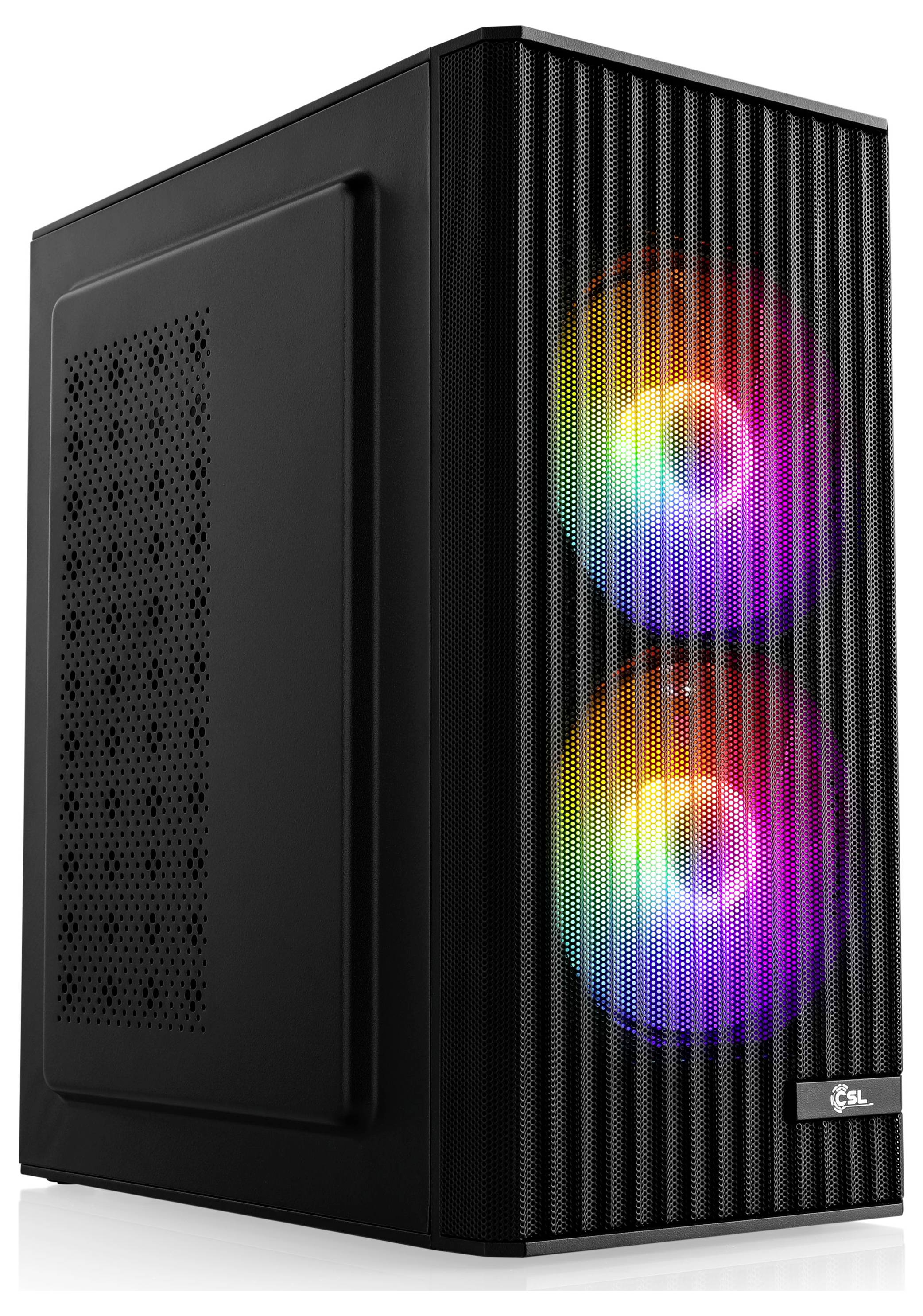 Ein schwarzes Desktop-Computergehäuse mit zwei regenbogenfarbenen LED-Lüftern auf der Frontplatte.