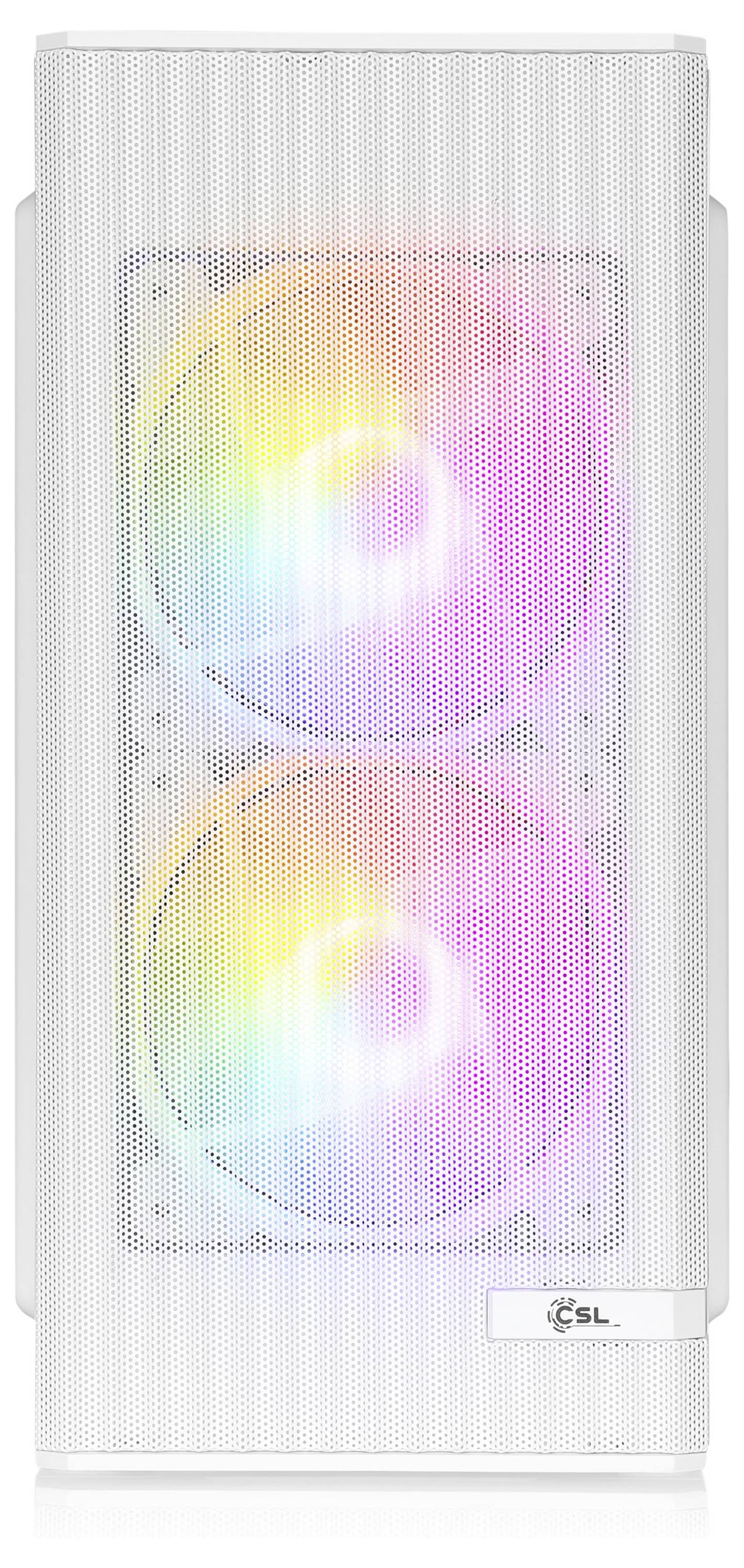 Ein weißes Computergehäuse mit einer Mesh-Frontplatte, die zwei große RGB-Lüfter zeigt, die jeweils farbenfrohe Lichtmuster ausstrahlen.