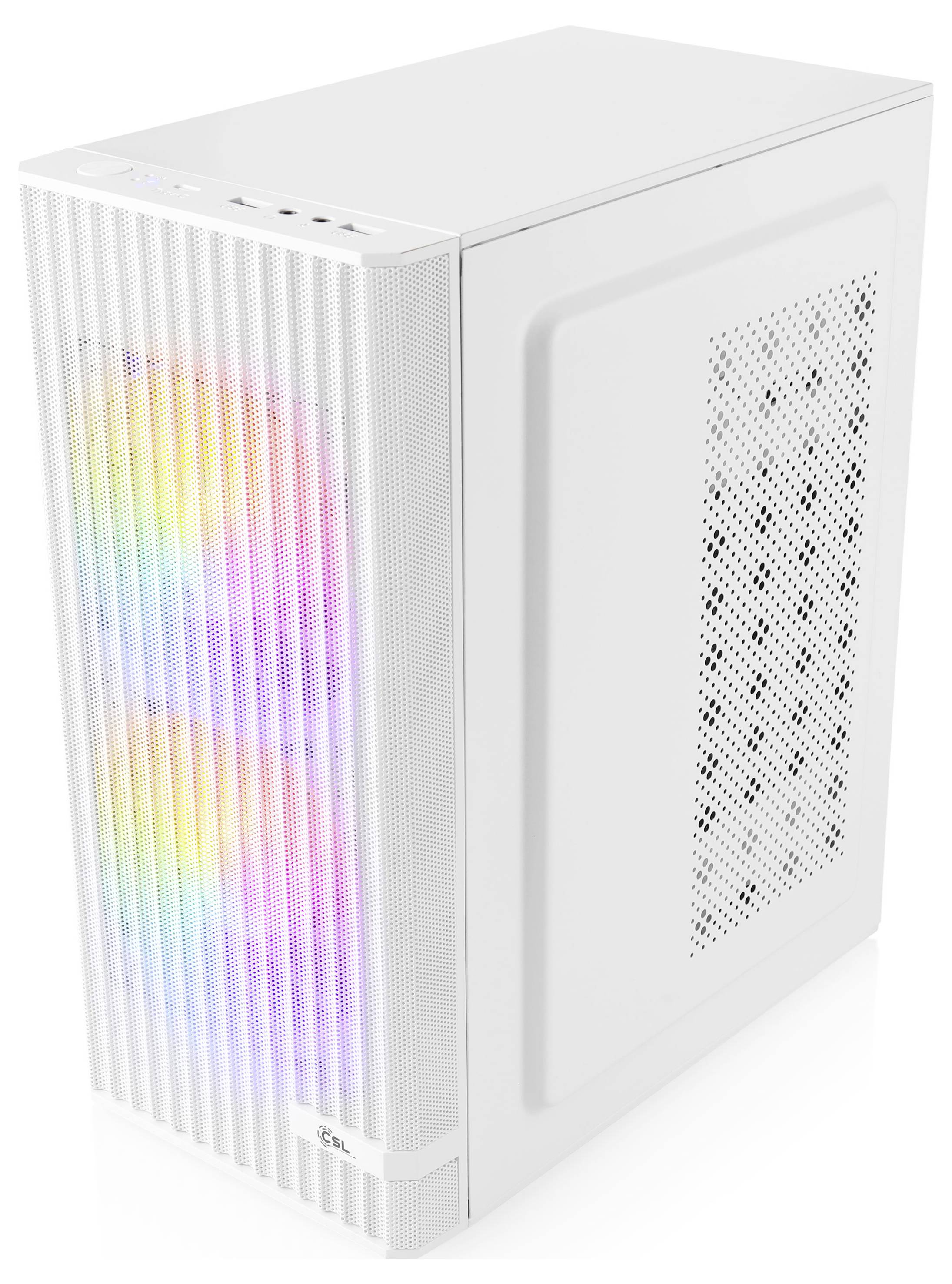 Ein weißes Computer-Gehäuse mit regenbogenfarbigen LED-Lüftern, die durch das vordere Maschenfeld sichtbar sind.