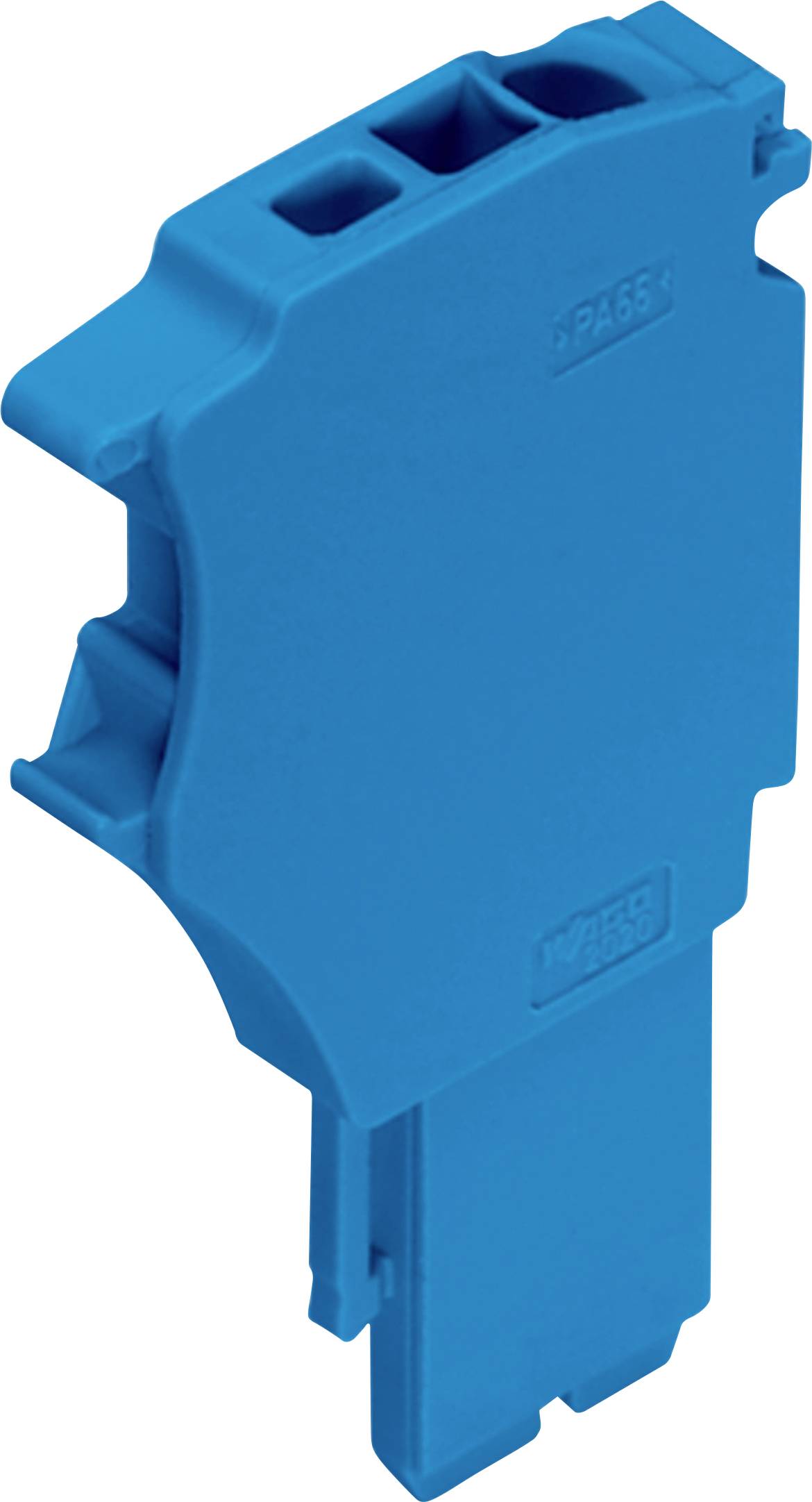 Blauer Kunststoff-Enddeckel für eine auf Schiene montierbare Klemmleiste, konzipiert zum Schutz elektrischer Verbindungen und zur Gewährleistung der Sicherheit bei Installationen.