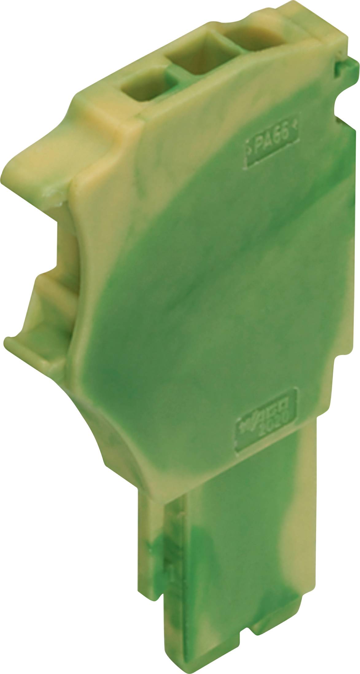 Ein grün und gelb getönter Kunststoff-Klemmenleisten-Isolator, der in elektrischen Installationen verwendet wird, mit rechteckiger Form und zentralem Schlitz.