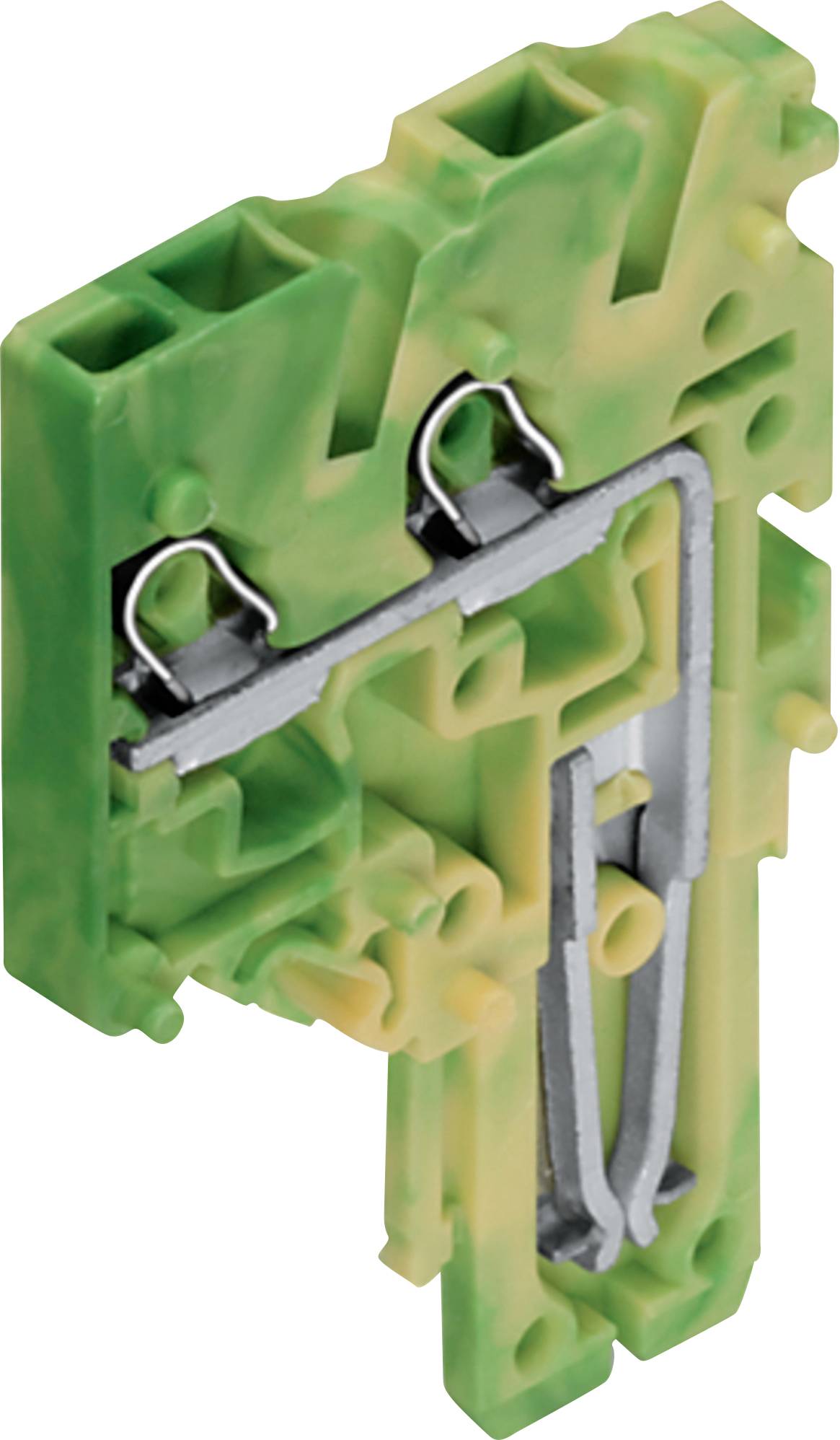Ein mehrfarbiger grün und gelb gestreifter elektrischer Klemmblock mit Metallkontakten, der zum Sichern und Verbinden von Drähten verwendet wird.