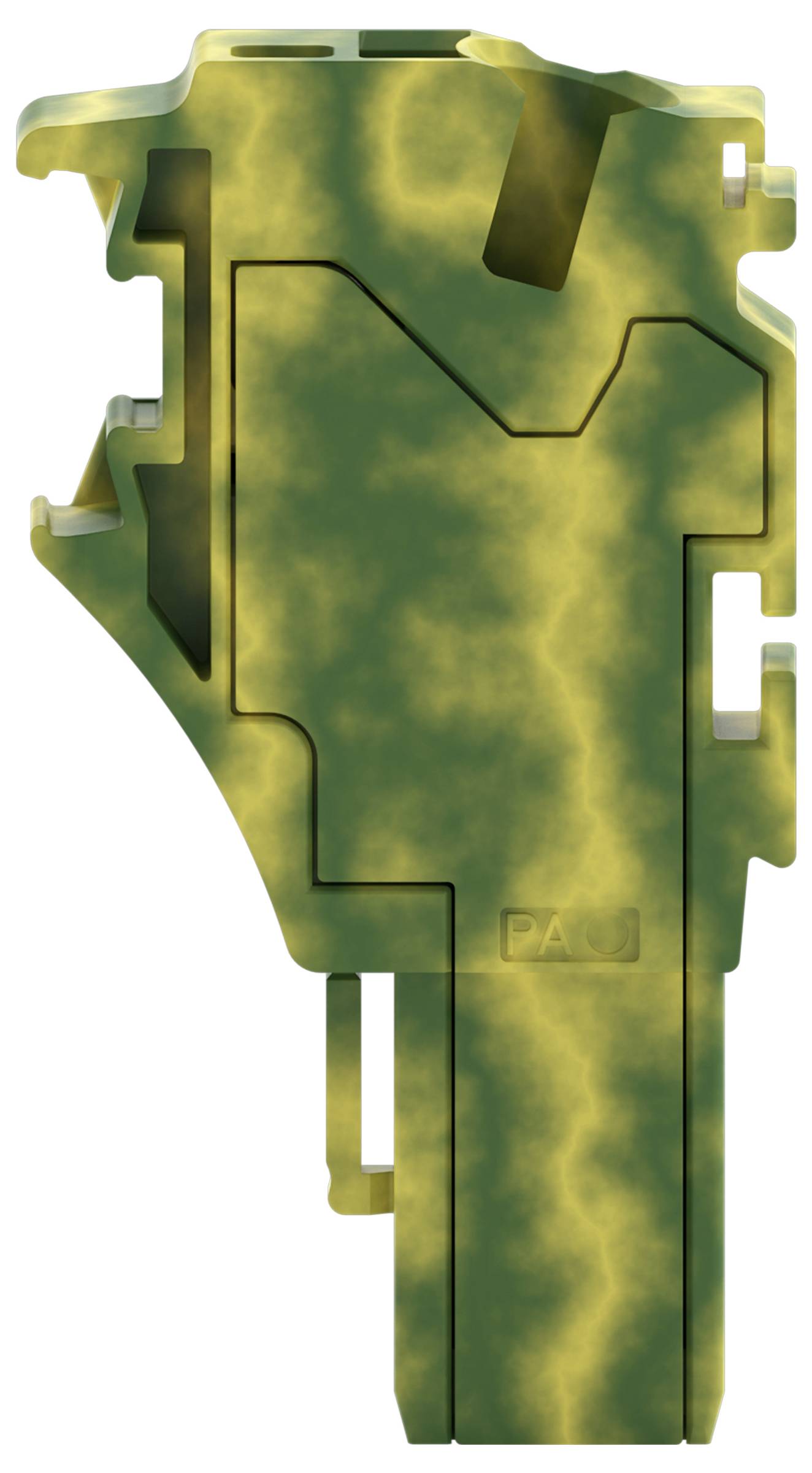 Grünes und gelbes gemustertes Kunststoffgehäuse mit einer kantigen Form und einem Schlitz, möglicherweise für elektronische Komponenten.