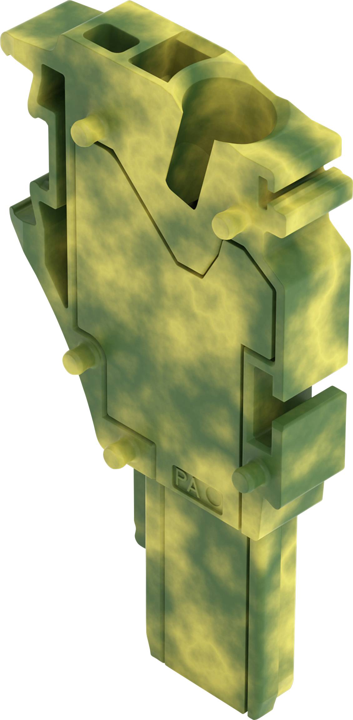 Ein gelbes und grünes, wolkenähnlich strukturiertes Objekt mit detaillierter abstrakter Form und geometrischen Ausschnitten steht aufrecht.