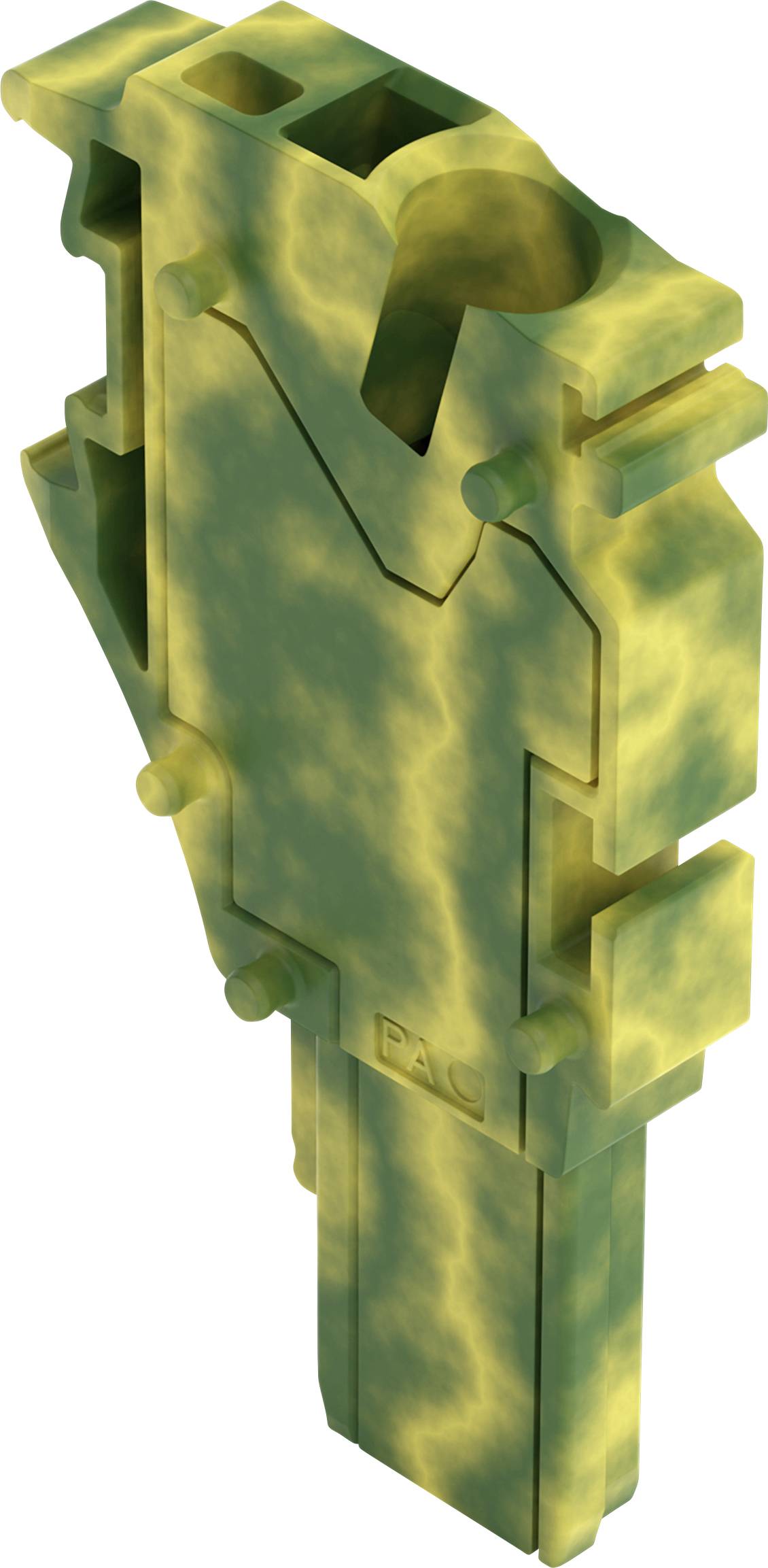 Ein geometrisches Objekt mit einem klötzigen, abstrakten Design in Grün- und Gelbtönen, das eine Reihe von ineinandergreifenden Kerben und Vorsprüngen aufweist.