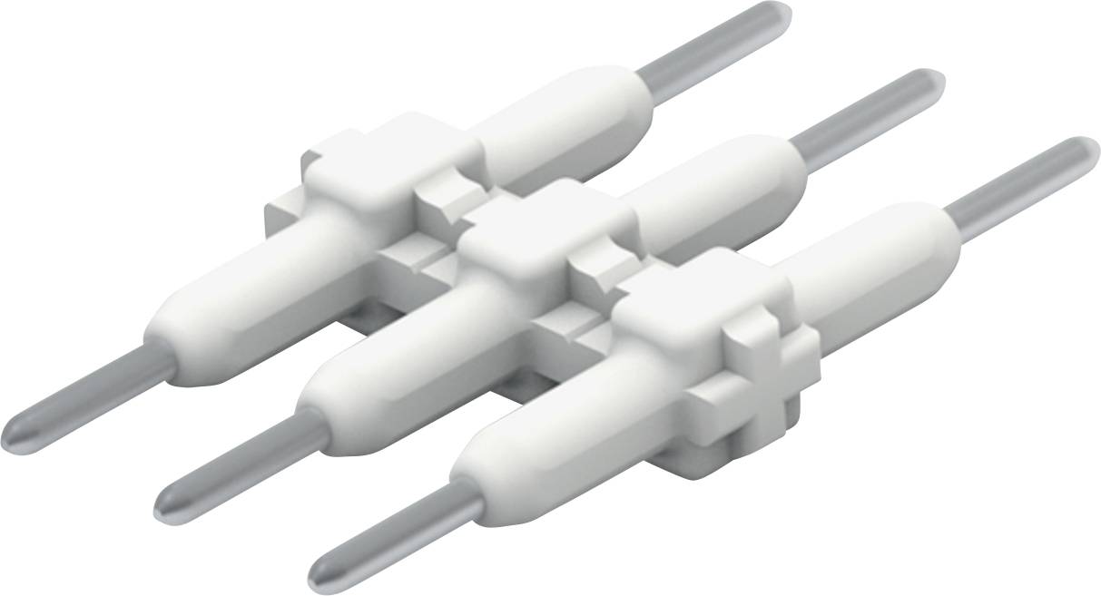 Eine 3D-Darstellung von drei weißen zylindrischen Steckverbindern, die parallel ausgerichtet sind und geometrische Formen auf ihren Körpern aufweisen, die elektronischen Komponenten ähneln.
