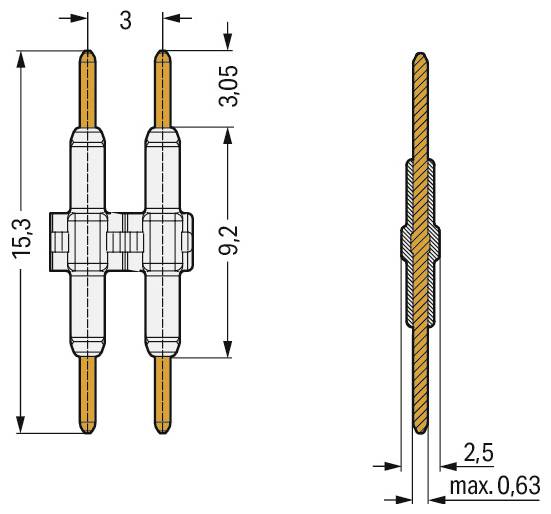 Diagramm einer Doppelstift-Elektrokomponente. Linke Ansicht: Höhe 15,3 mm, Breite 3 mm, Stiftabstand 9,2 mm. Rechter Querschnitt: Stiftdicke 0,63 mm, Breite 2,5 mm.