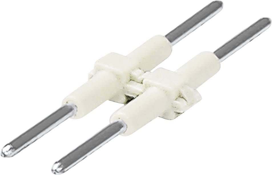 Ein weißer DIP-Stecker (Dual Inline Pin-Stecker) mit zwei parallelen Metallstiften, die von jeder Seite herausragen, vor einem einfachen Hintergrund.