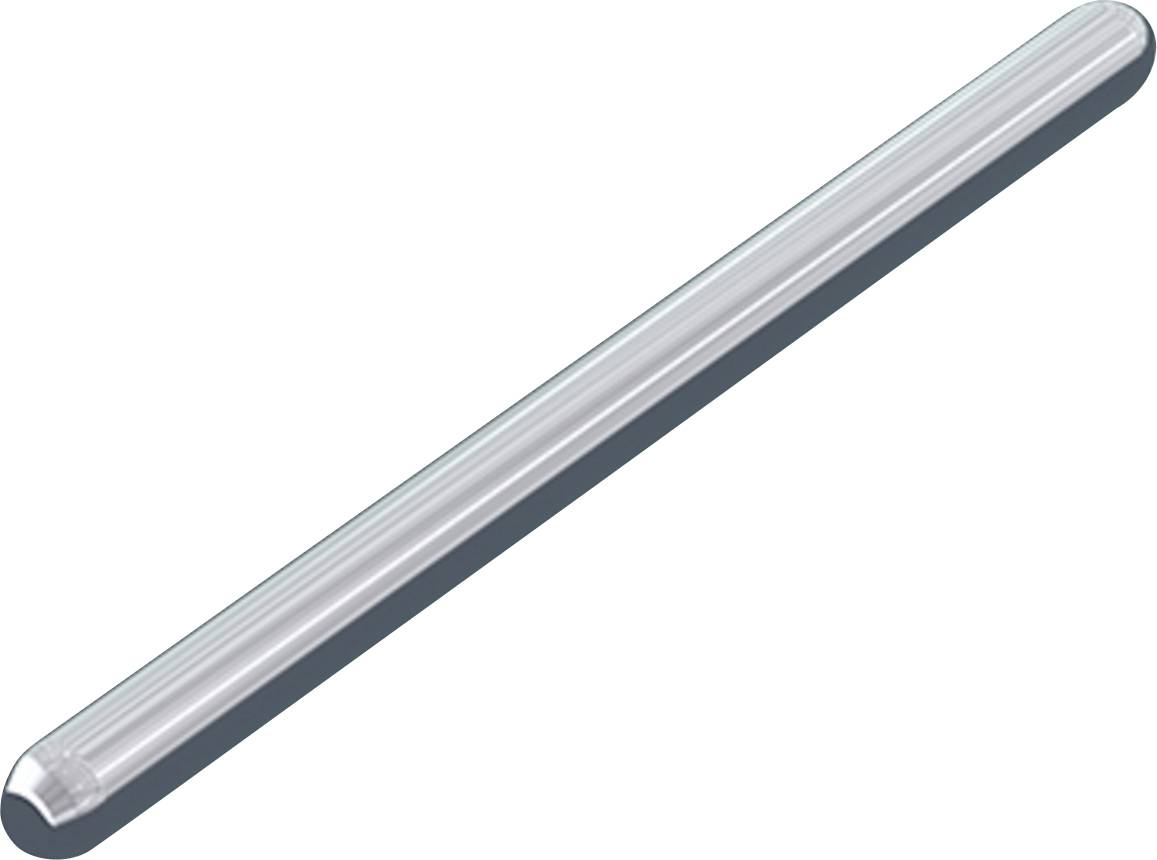 Ein metallischer Stab mit abgerundeten Enden, der einem Stabmagneten ähnelt, vor einem einfachen weißen Hintergrund gezeigt.