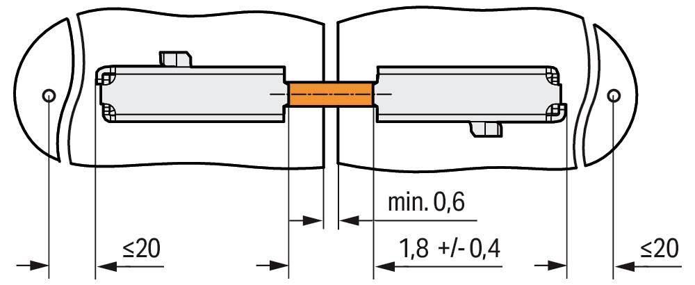Ein Diagramm, das Abmessungen zwischen Steckverbindern zeigt, mit einem Abstand von mindestens 0,6 mm zwischen ihnen und Entfernungsmessungen von ≤20 mm und 1,8 ±0,4 mm.