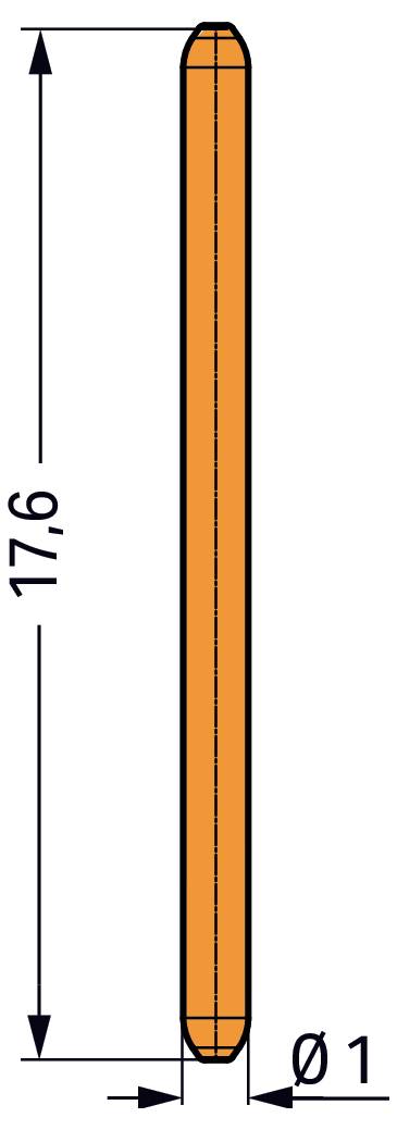 Technische Zeichnung eines orangefarbenen zylindrischen Objekts, 17,6 Einheiten lang und 1 Einheit im Durchmesser, mit abgerundeten Enden.