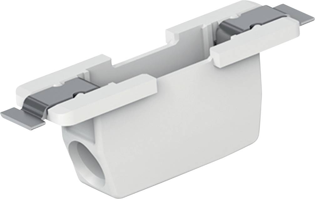 Ein weißer Kunststoffhalter mit Metallklammern an den Seiten, entwickelt zur sicheren Befestigung von Bauteilen in elektrischen oder mechanischen Systemen.