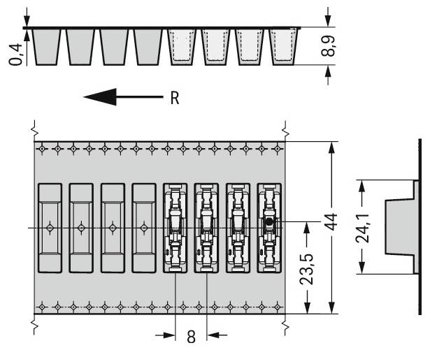 Diagramm eines rechteckigen Behälters mit vier Abteilen, jedes 20 Einheiten breit, und detaillierten Maßen: Höhe 19,7 Einheiten, Tiefe 0,5 Einheiten.